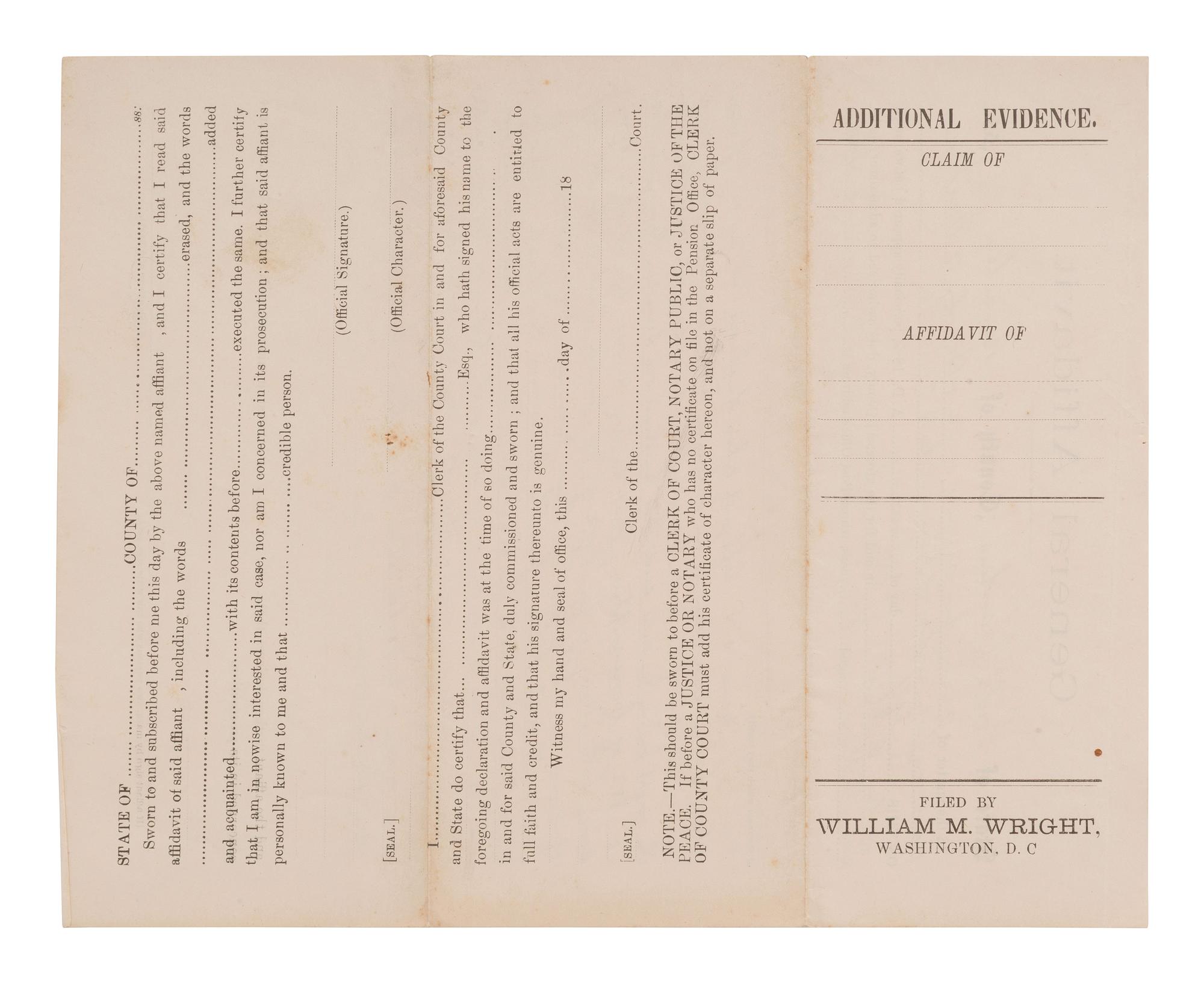 [ENSLAVEMENT]. South Carolina affidavit containing revised statement by former slave in reference to a deceased USCT soldier.