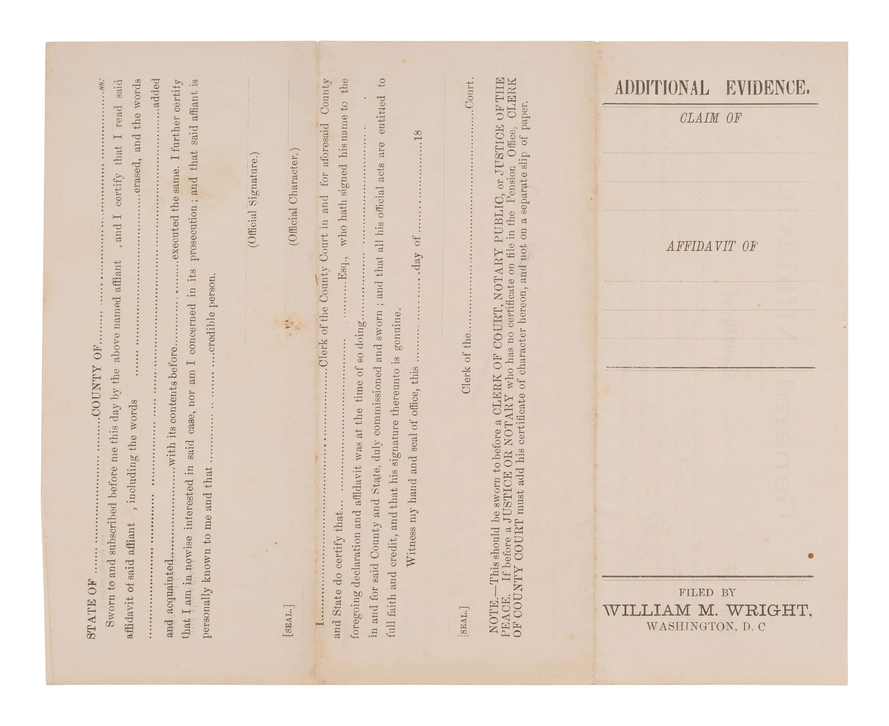 [ENSLAVEMENT]. South Carolina affidavit containing revised statement by former slave in reference to a deceased USCT soldier.