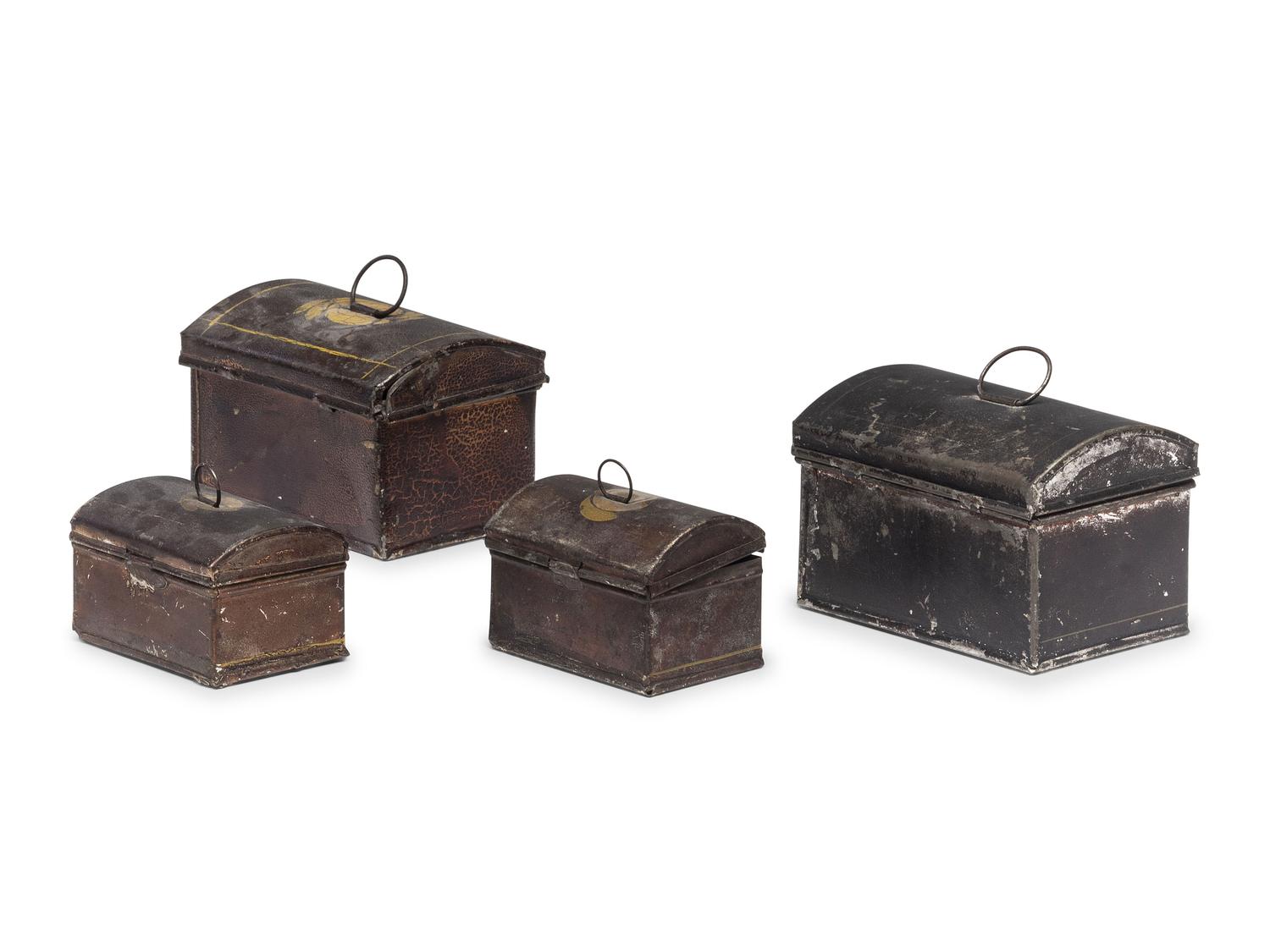 Four Miniature Polychrome Painted Tole Boxes