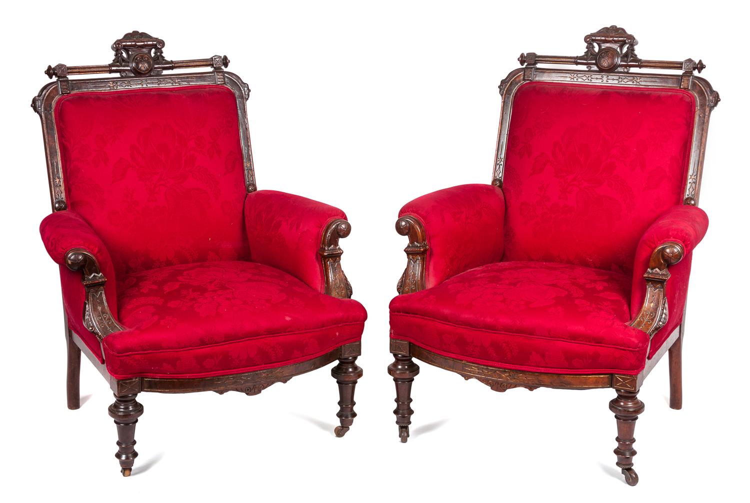 A Pair of Victorian Incised Burlwood Armchairs Height 41 inches.
