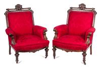 A Pair of Victorian Incised Burlwood Armchairs Height 41 inches.