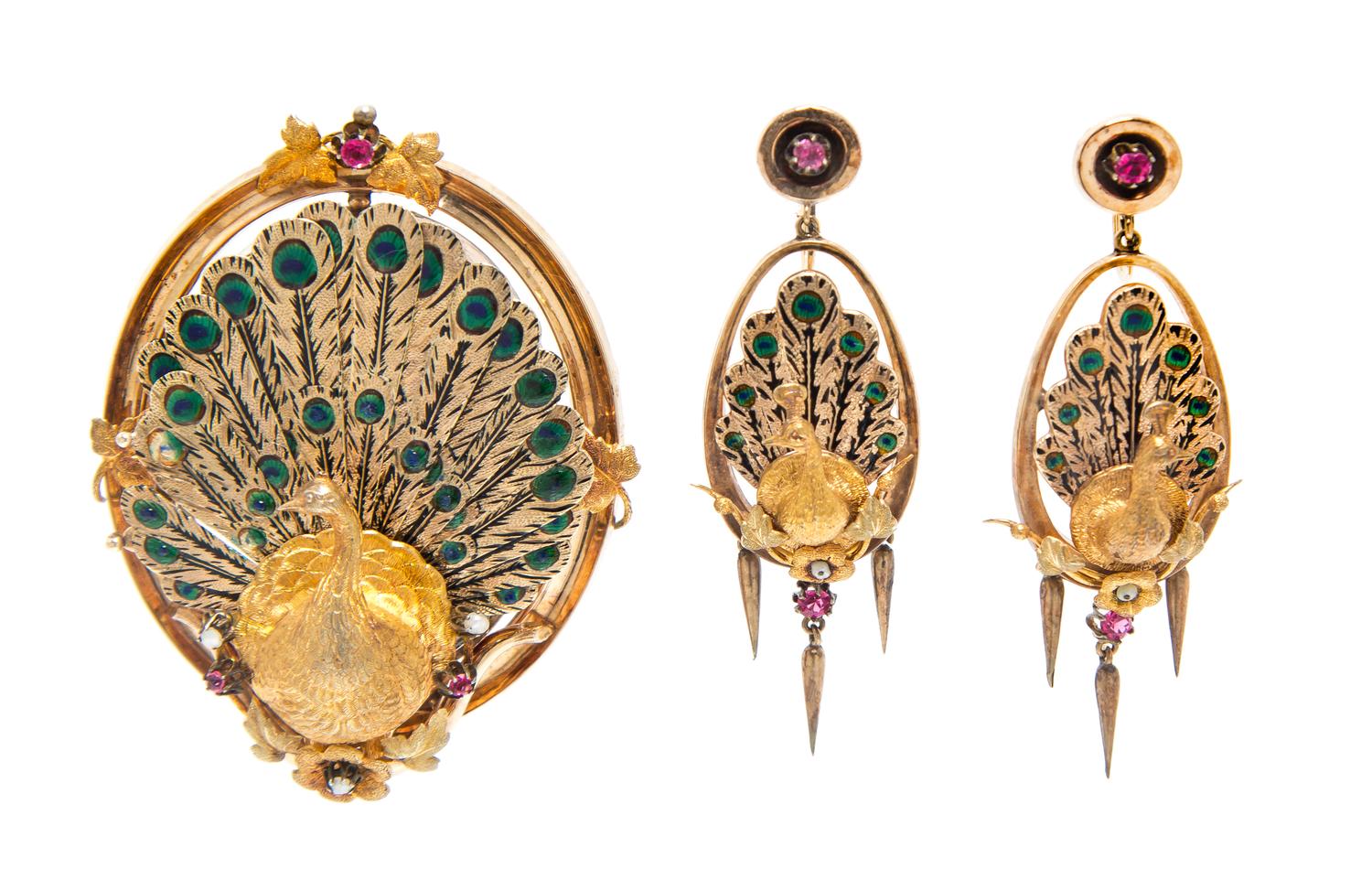 A Gold, Polychrome Enamel, Seed Pearl and Pink Sapphire Enamel Articulated Peacock Motif Demi Parure, 21.00 dwts.