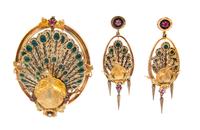 A Gold, Polychrome Enamel, Seed Pearl and Pink Sapphire Enamel Articulated Peacock Motif Demi Parure, 21.00 dwts.
