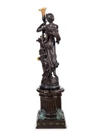 A Patinated Bronze Figural Lamp with Iridescent Glass Shades after Hippolyte François Moreau (French, 1832-1927)