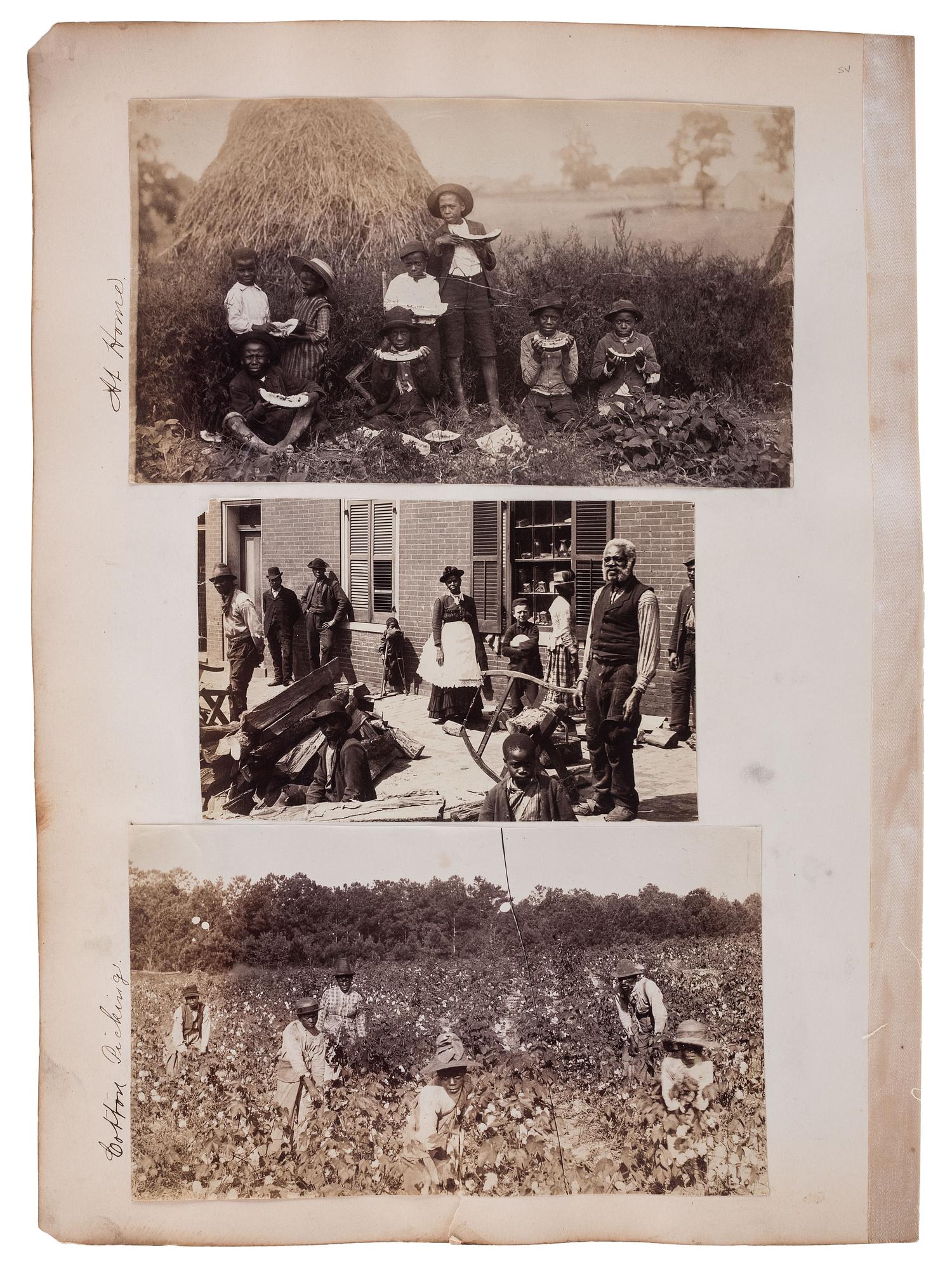 [RECONSTRUCTION]. A group of 8 photographs of African Americans, including stereoview of a cotton gin, comprising: