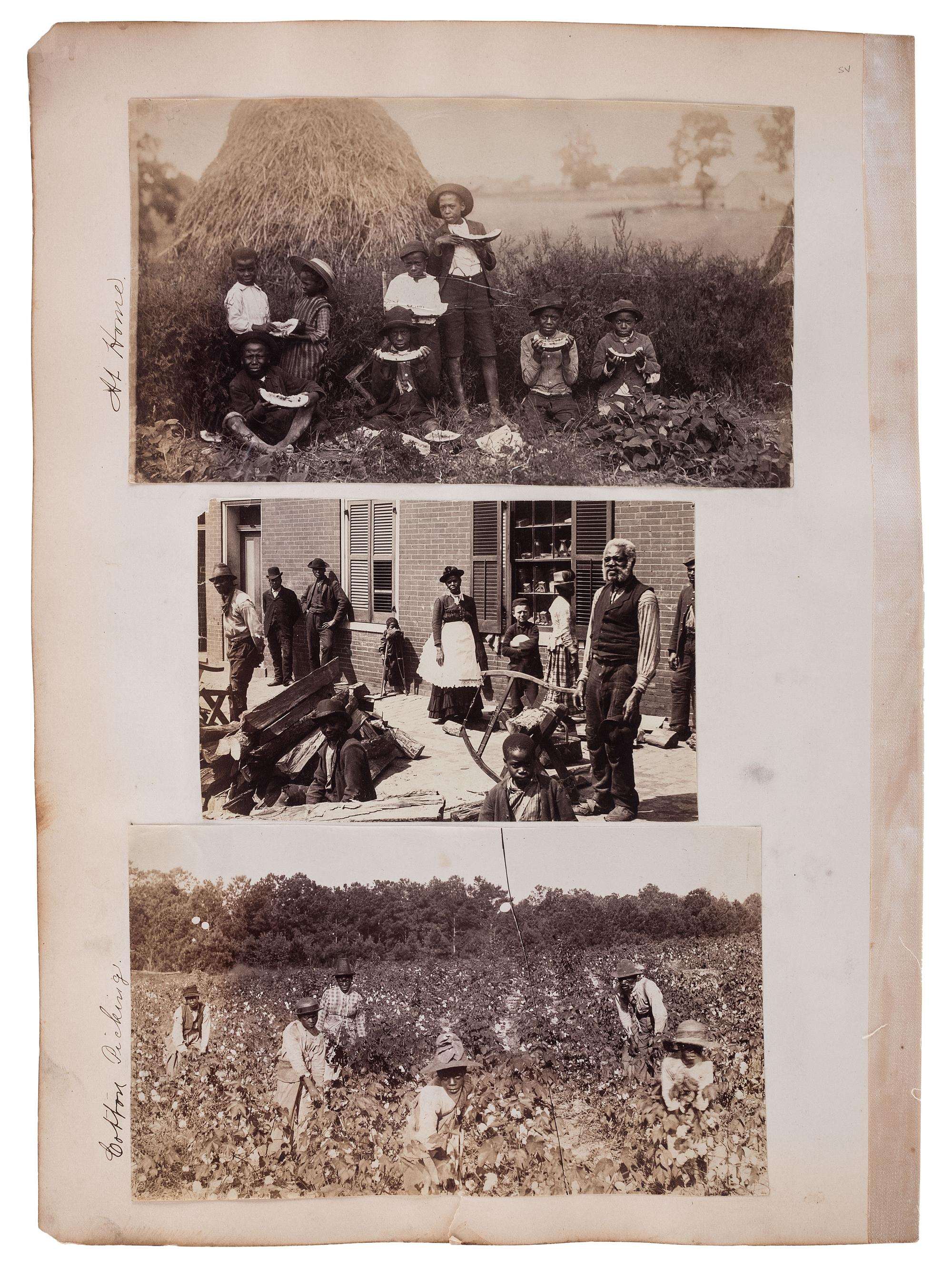 [RECONSTRUCTION]. A group of 8 photographs of African Americans, including stereoview of a cotton gin, comprising: