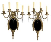 A Pair of Louis XVI Style Gilt Bronze and Beaded Crystal Four-Light Wall Sconces Height 27 1/2 inches. — 19TH CENTURY