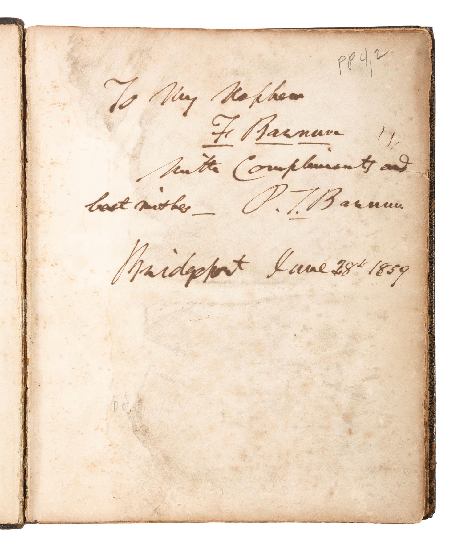 America in Manuscript BARNUM, Phineas Taylor (1810-1891). Autograph album compiled and inscribed by P.T. Barnum, with signatures of Tom Thumb and Edwin Booth.