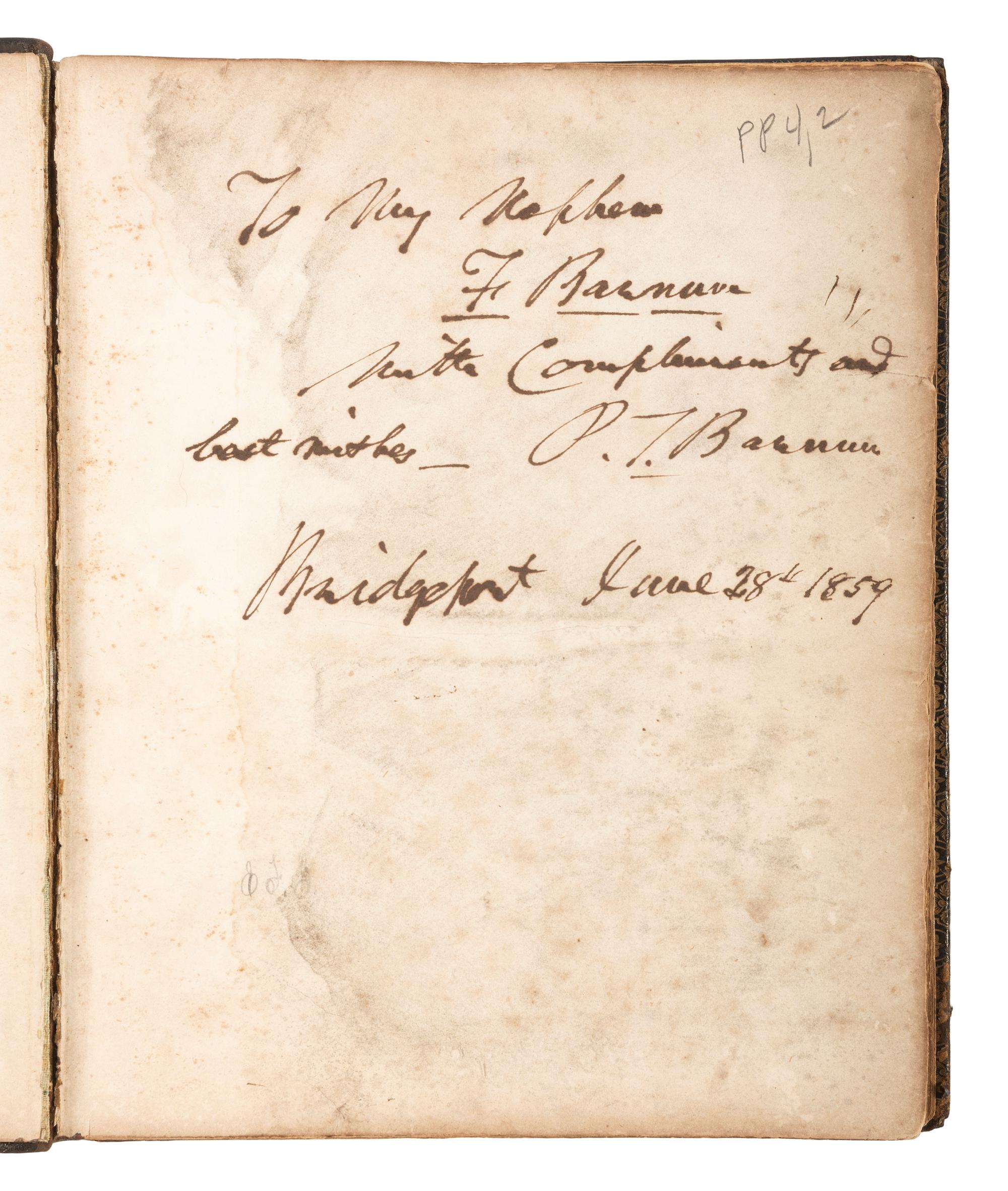 America in Manuscript BARNUM, Phineas Taylor (1810-1891). Autograph album compiled and inscribed by P.T. Barnum, with signatures of Tom Thumb and Edwin Booth.