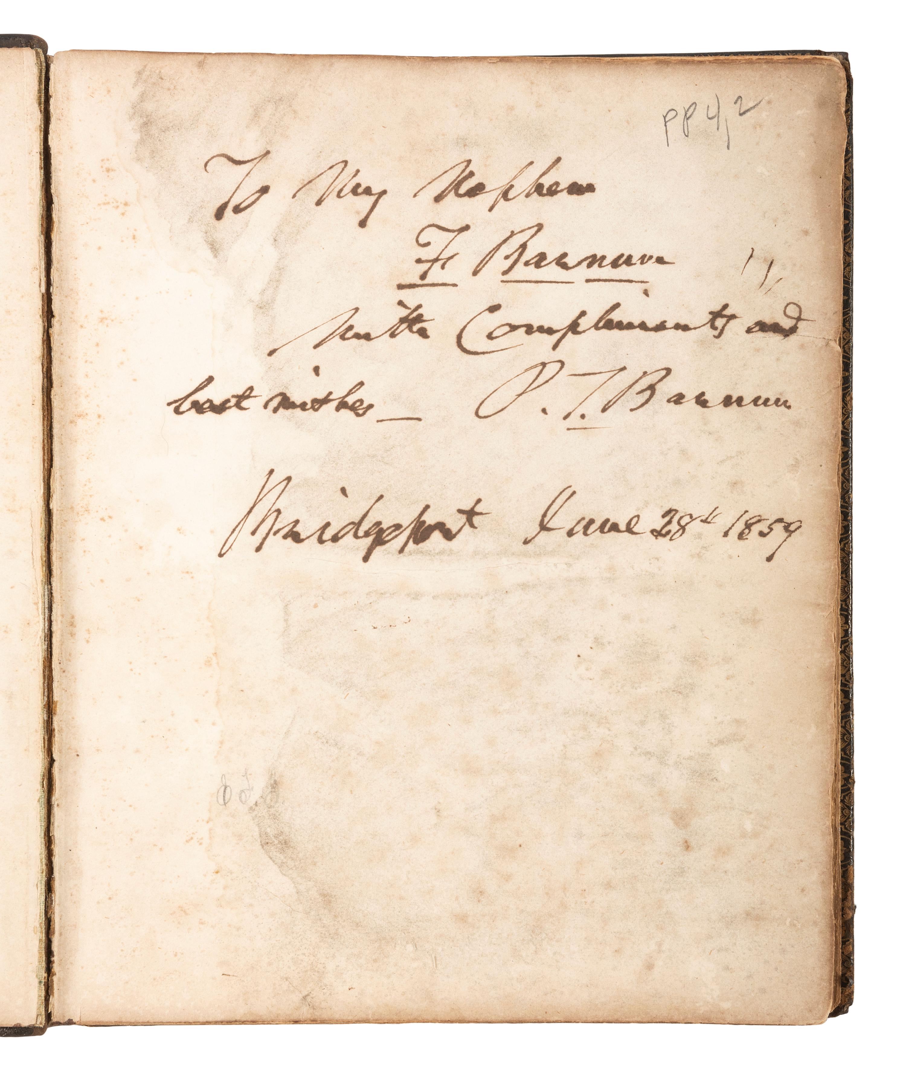 America in Manuscript BARNUM, Phineas Taylor (1810-1891). Autograph album compiled and inscribed by P.T. Barnum, with signatures of Tom Thumb and Edwin Booth.