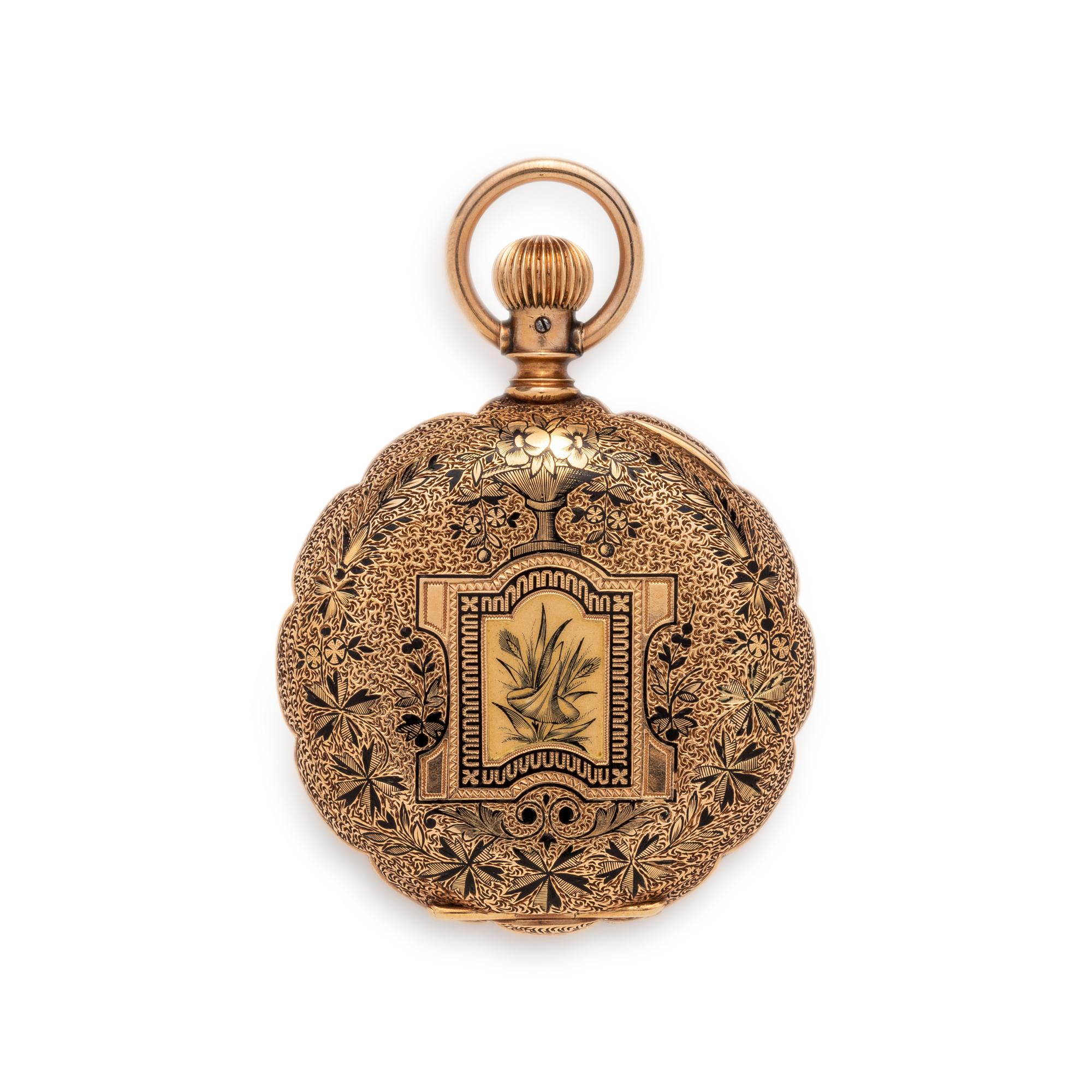 ELGIN, 14K YELLOW GOLD AND ENAMEL HUNTER CASE POCKET WATCH