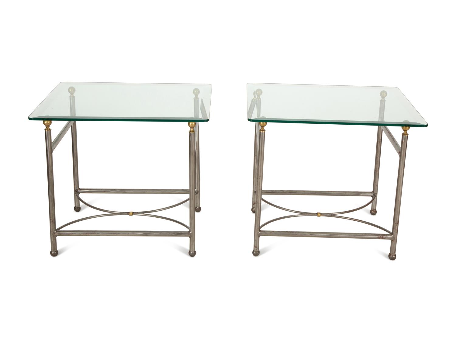 A Pair of Modernist Steel and Brass Glass-Top Side Tables — 20th Century