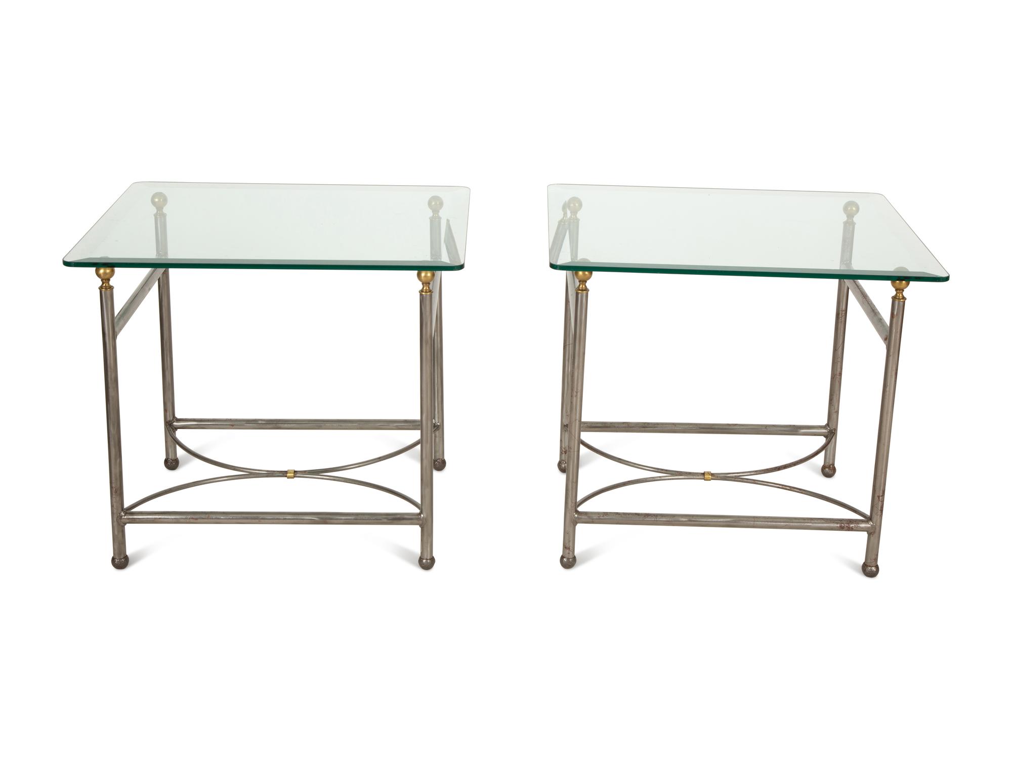 A Pair of Modernist Steel and Brass Glass-Top Side Tables — 20th Century