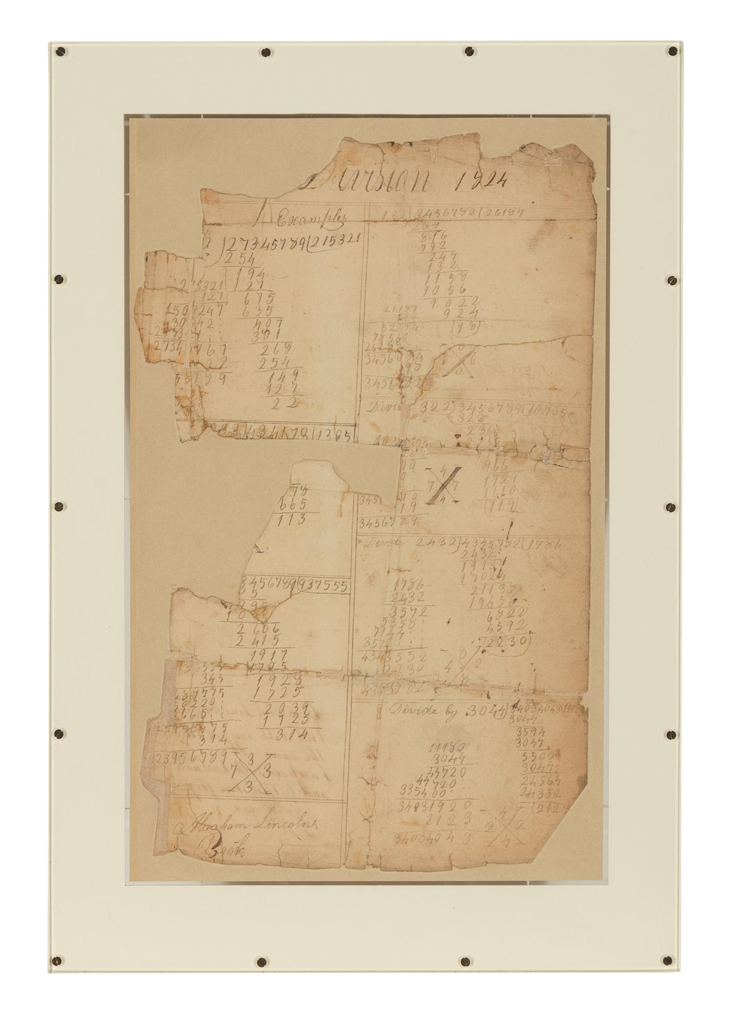 LINCOLN, Abraham (1809-1865). Autograph sum book leaf signed twice ("Abraham Lincoln"). Pigeon Creek, Spencer County, Indiana, ca. 1824.