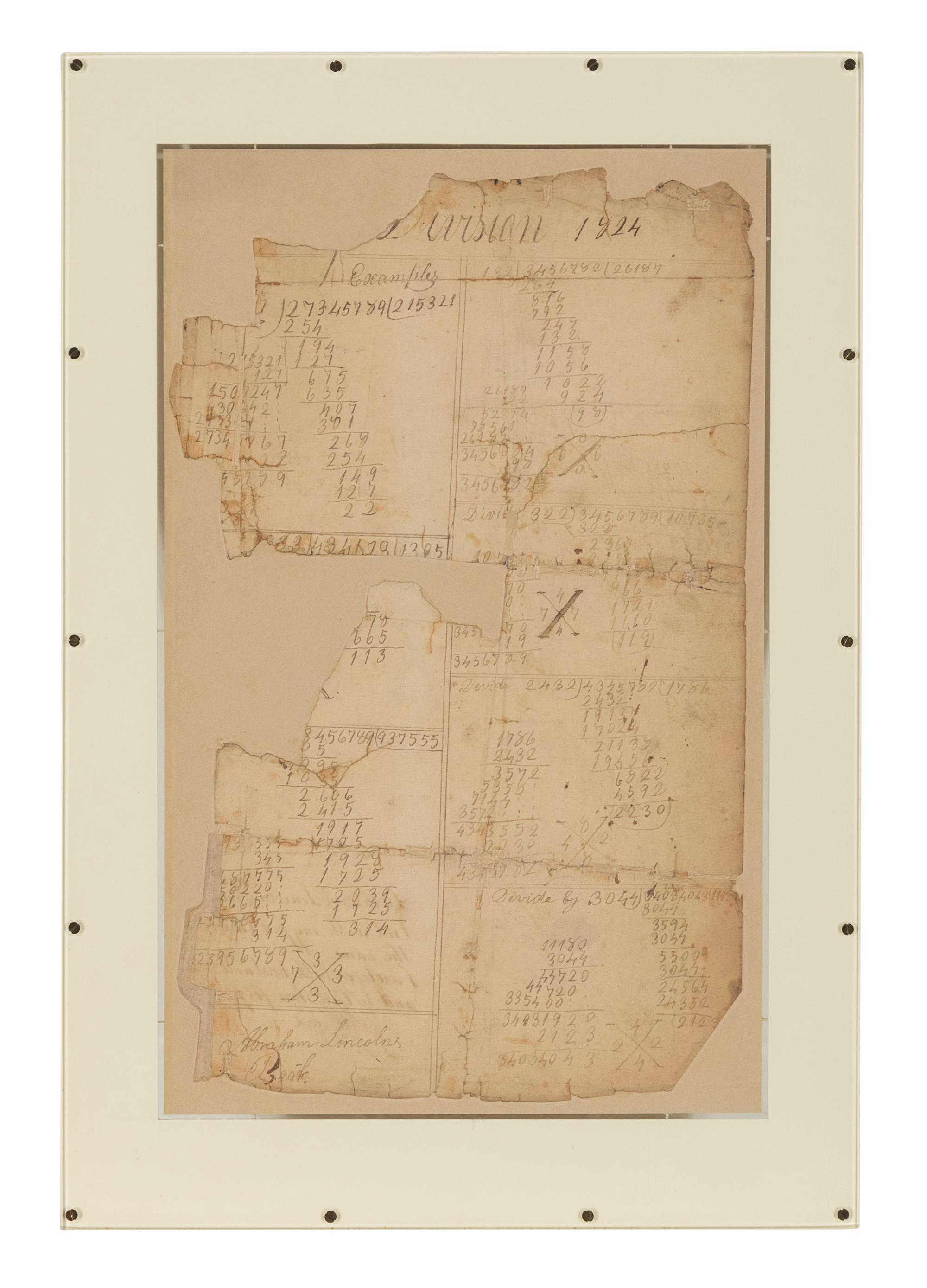 LINCOLN, Abraham (1809-1865). Autograph sum book leaf signed twice ("Abraham Lincoln"). Pigeon Creek, Spencer County, Indiana, ca. 1824.