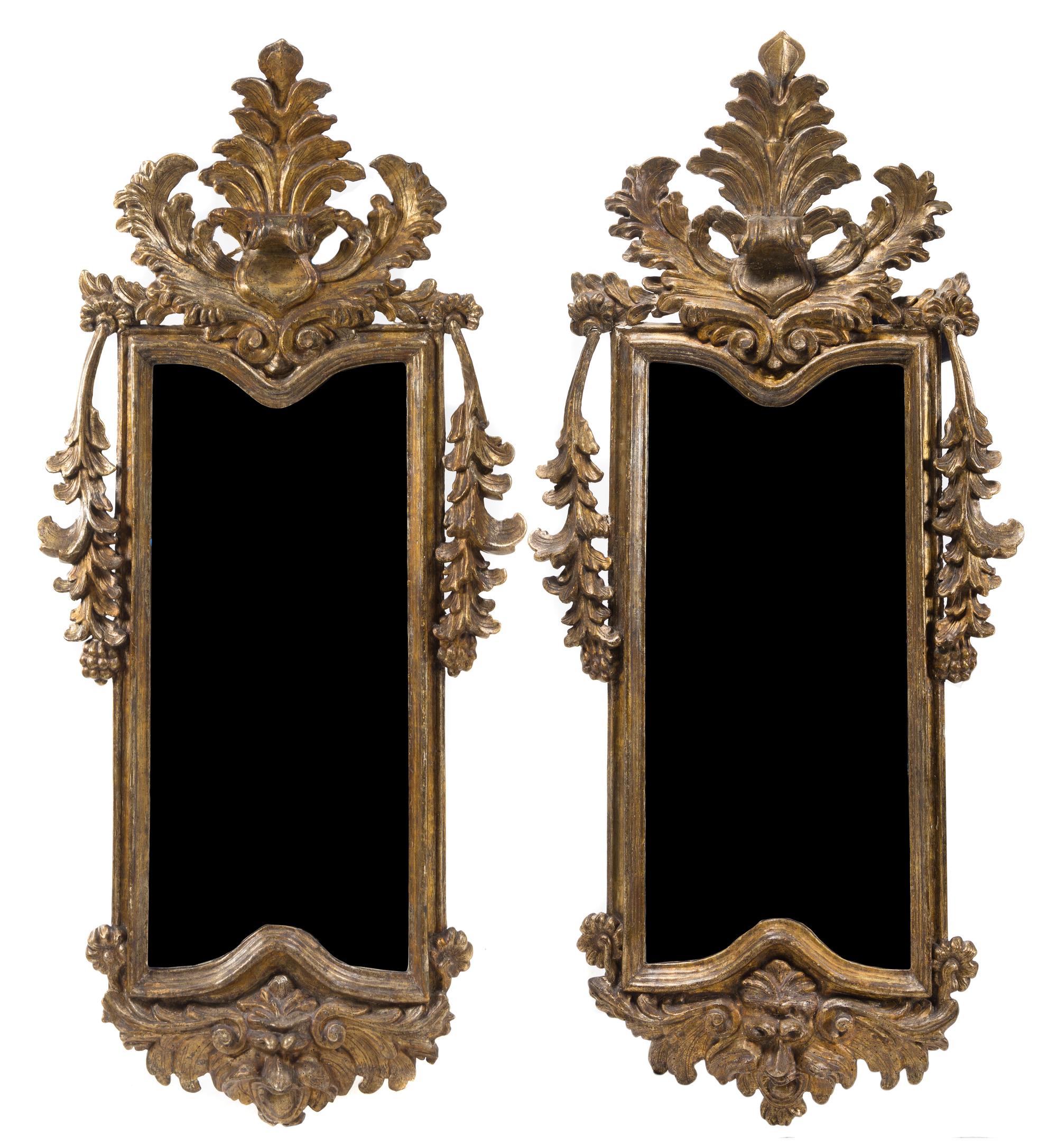 A Pair of Italian Baroque Mecca Decorated Mirrors Height 63 x width 29 inches. — 18TH CENTURY