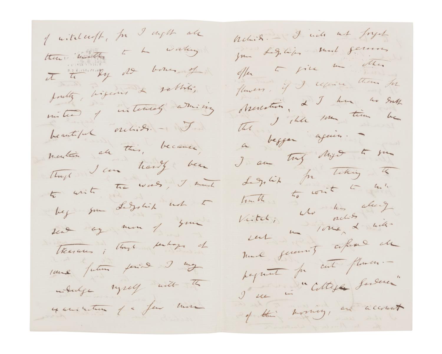 DARWIN, Charles (1809-1882). Autograph letter signed (“Charles Darwin”) to Lady Dorothy Fanny Nevill (“Madam”), Down, Bromley, Kent, 27 November [1861]. 4 pages, 8vo (203 x 127 mm), on a bifolium. Creased.