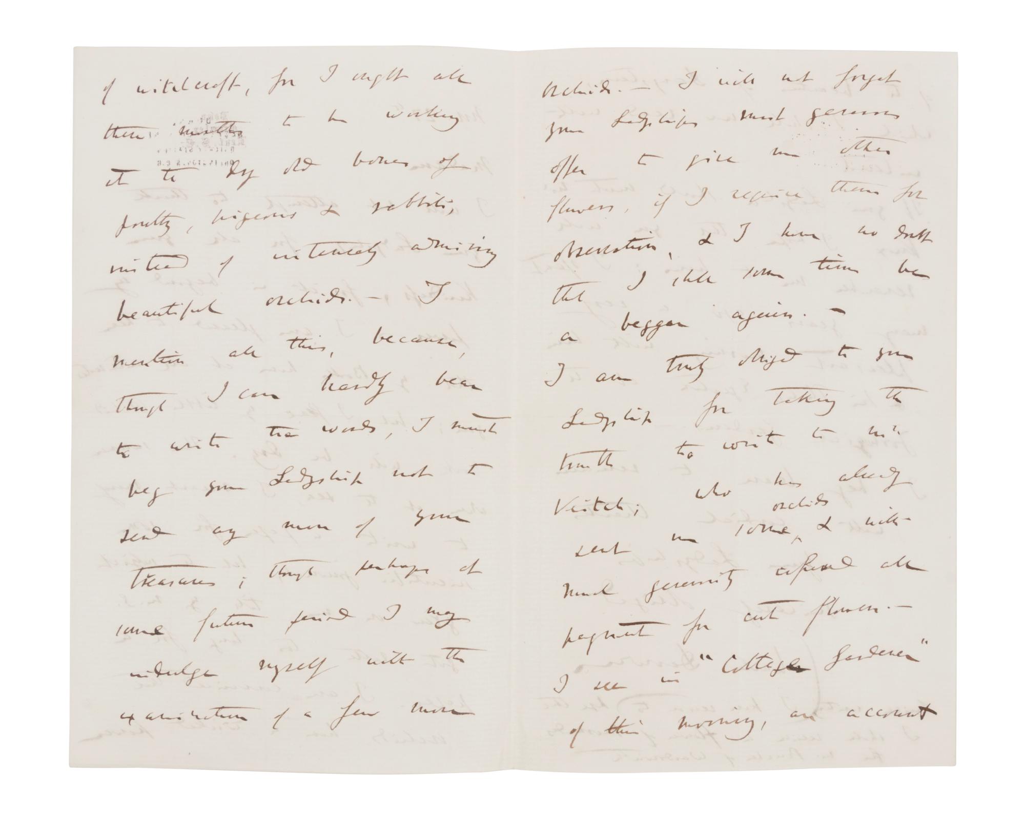 DARWIN, Charles (1809-1882). Autograph letter signed (“Charles Darwin”) to Lady Dorothy Fanny Nevill (“Madam”), Down, Bromley, Kent, 27 November [1861]. 4 pages, 8vo (203 x 127 mm), on a bifolium. Creased.