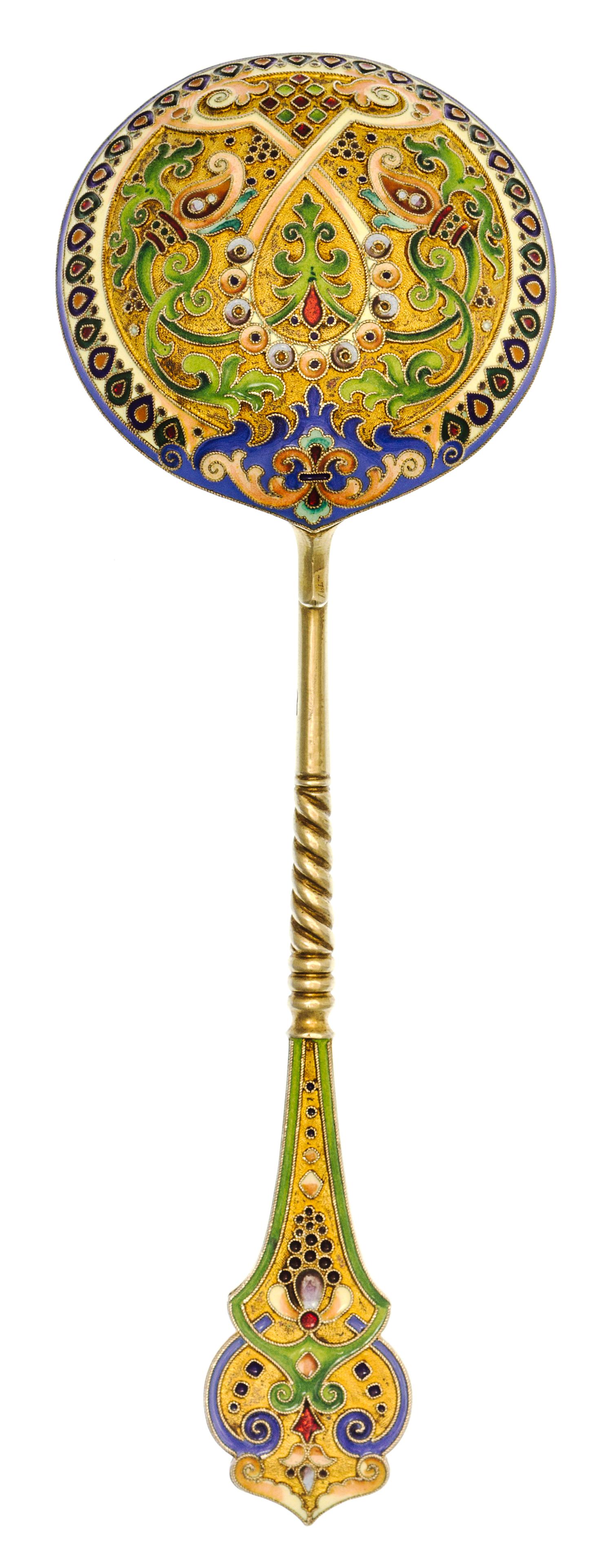 A Russian Silver-Gilt and Enamel Spoon, Mark of 11th Artel, Moscow, early 20th century, the handle decorated with polychrome foliate an