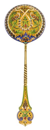 A Russian Silver-Gilt and Enamel Spoon, Mark of 11th Artel, Moscow, early 20th century, the handle decorated with polychrome foliate an
