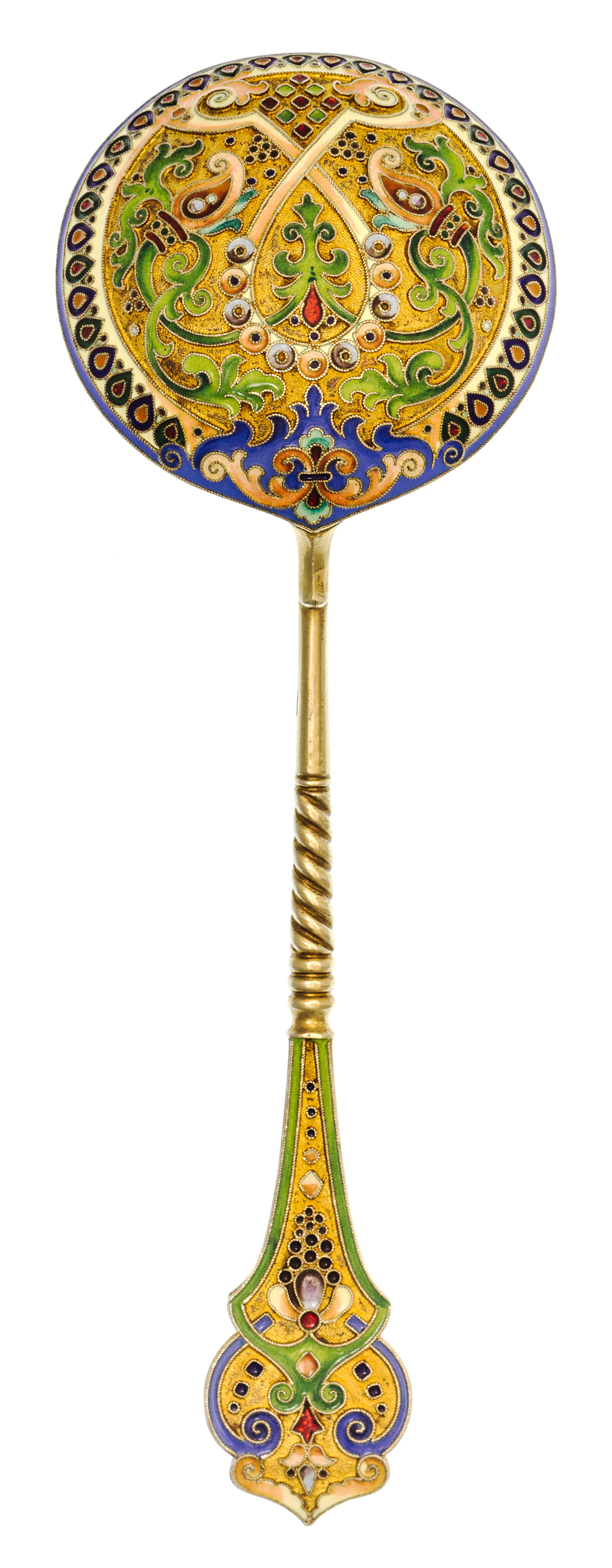 A Russian Silver-Gilt and Enamel Spoon, Mark of 11th Artel, Moscow, early 20th century, the handle decorated with polychrome foliate an