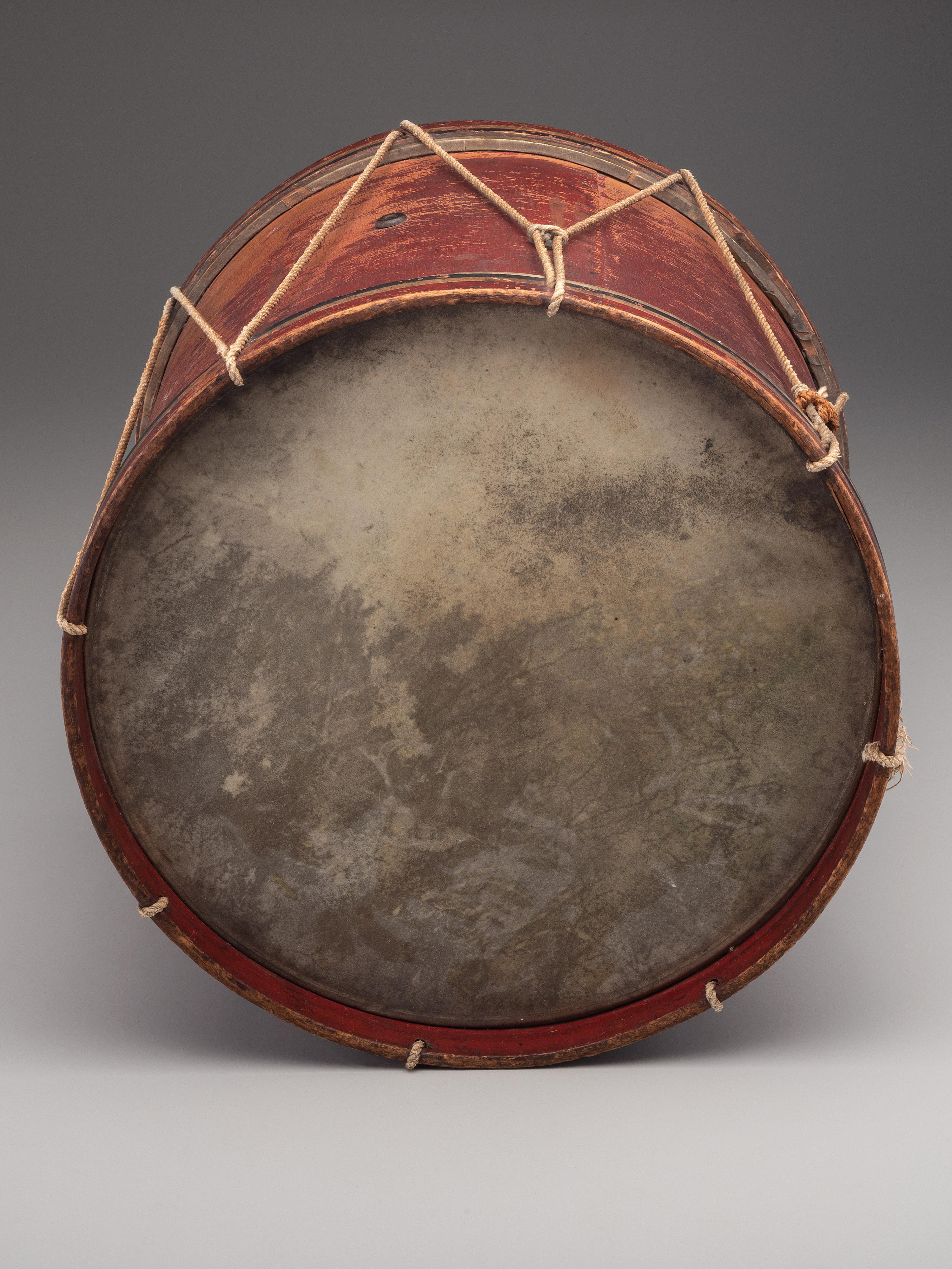 [CIVIL WAR]. E Pluribus Unum red-painted drum featuring eagle motif, with drumsticks.