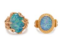 A Collection of 14 Karat Yellow Gold and Opal Doublet Rings,