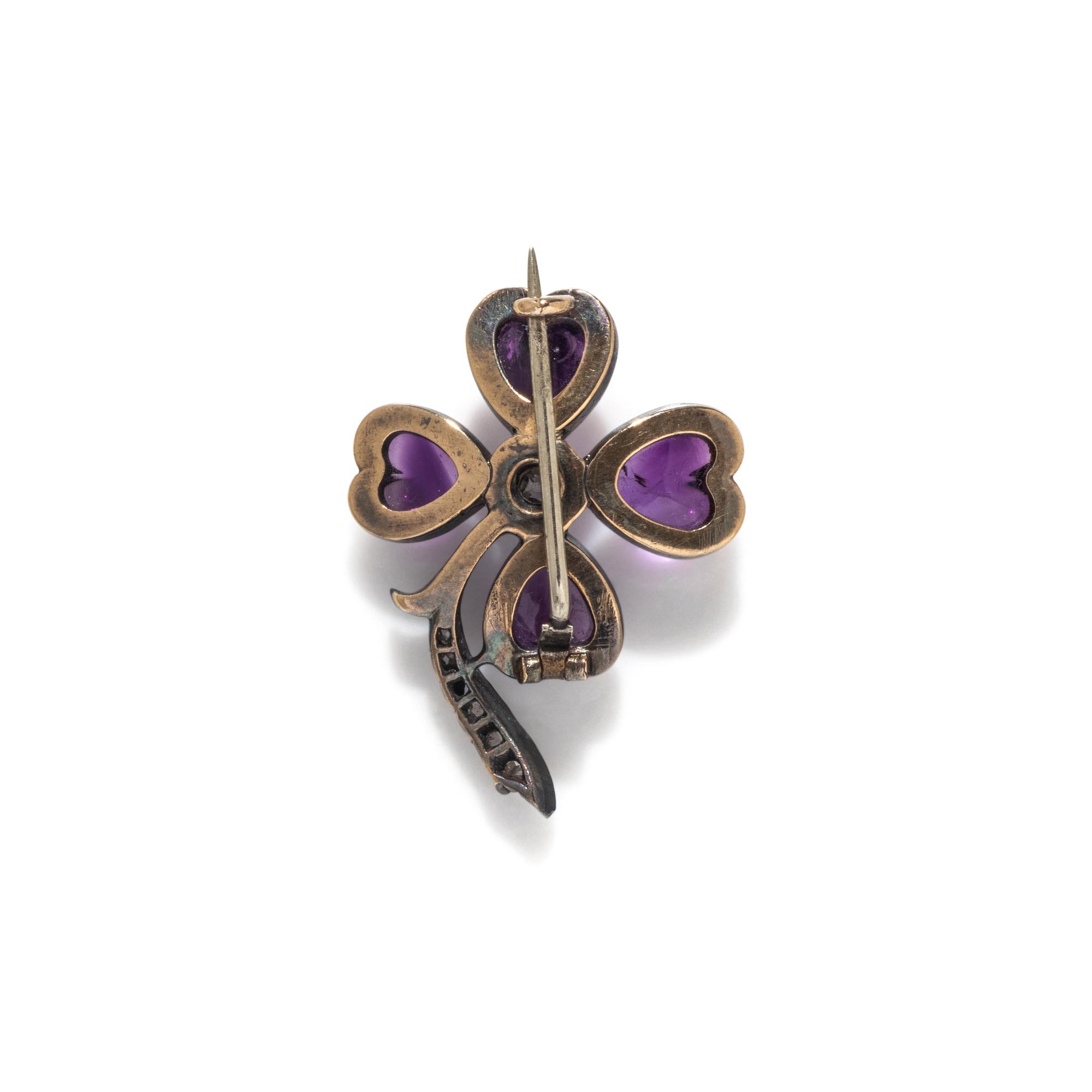ANTIQUE, AMETHYST AND DIAMOND CLOVER BROOCH