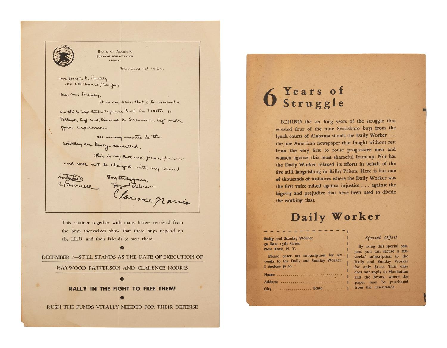 [CIVIL RIGHTS]. A small archive of items related to the Scottsboro Trial, including