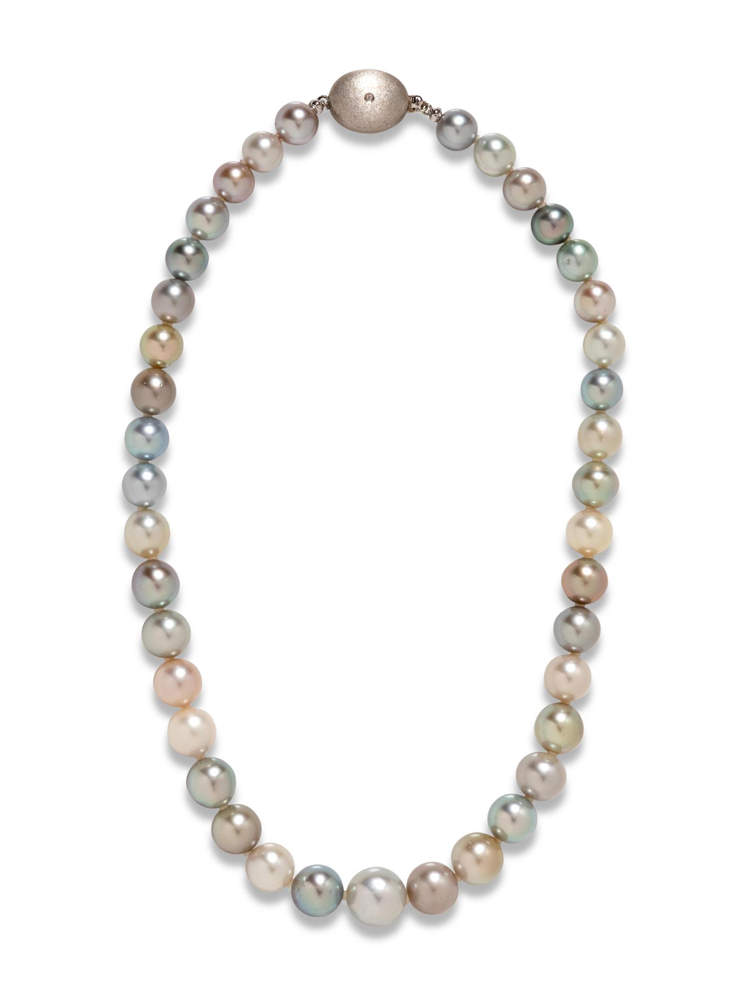 A 14 Karat White Gold, Cultured Pearl and Diamond Necklace,
