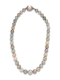 A 14 Karat White Gold, Cultured Pearl and Diamond Necklace,