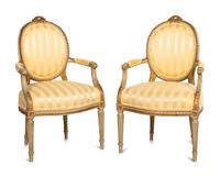 A Pair of Louis XVI Style Parcel Gilt and White Painted Fauteuils