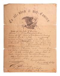 [CIVIL WAR]. Discharge document for John R. Hartman, 3rd Iowa Cavalry and 56th USCT, signed by General Cyrus BUSSEY. Helena, AK, 14 August 1864.