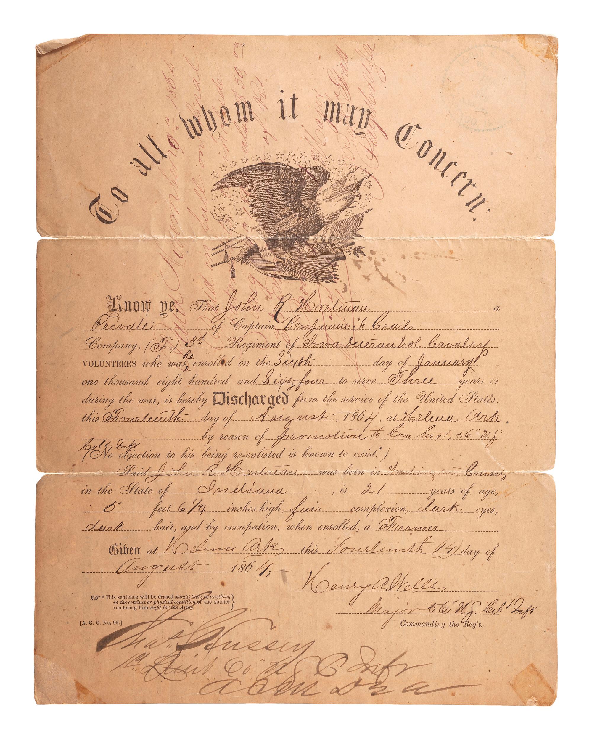 [CIVIL WAR]. Discharge document for John R. Hartman, 3rd Iowa Cavalry and 56th USCT, signed by General Cyrus BUSSEY. Helena, AK, 14 August 1864.