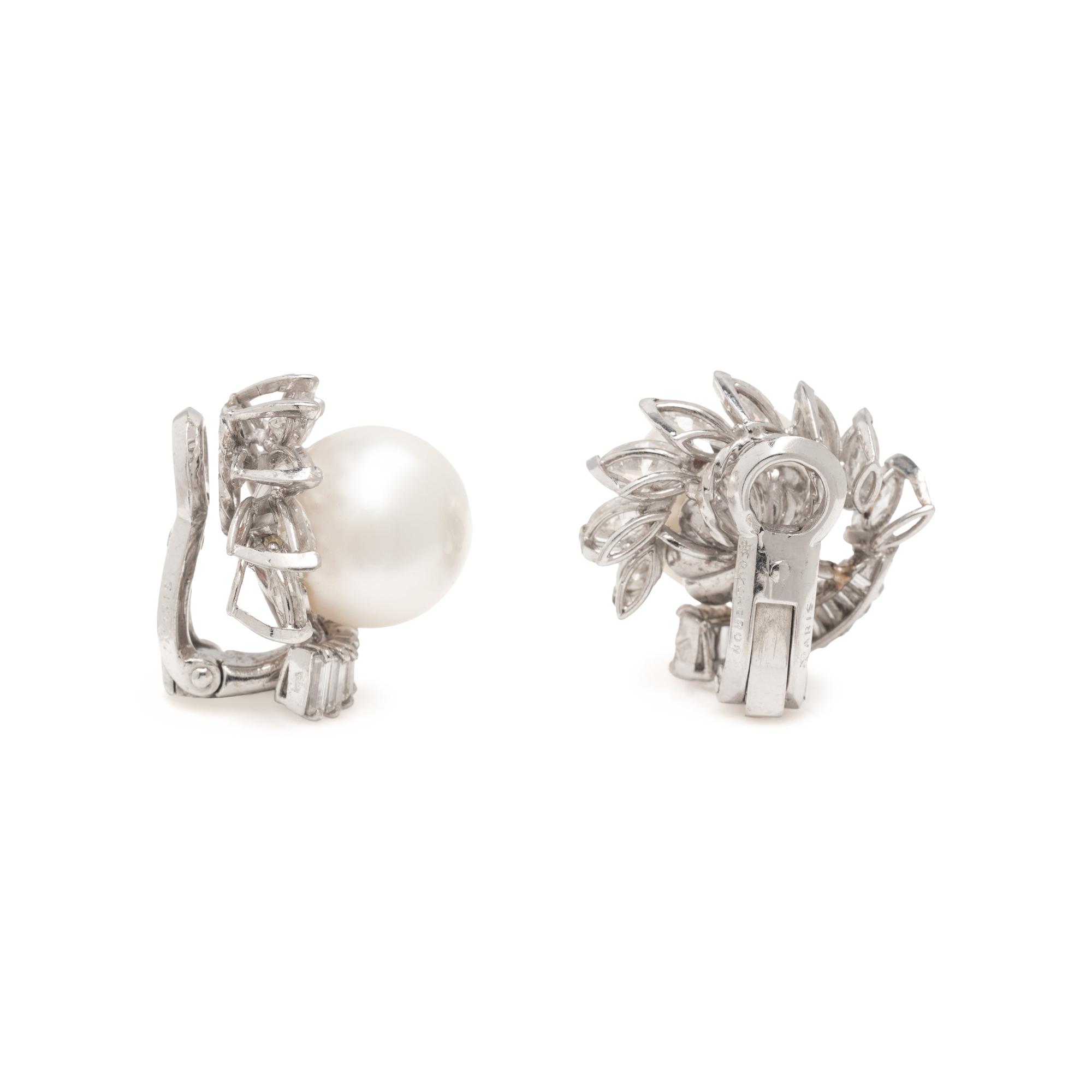 BOUCHERON, PLATINUM, CULTURED PEARL AND DIAMOND CLIP EARRINGS