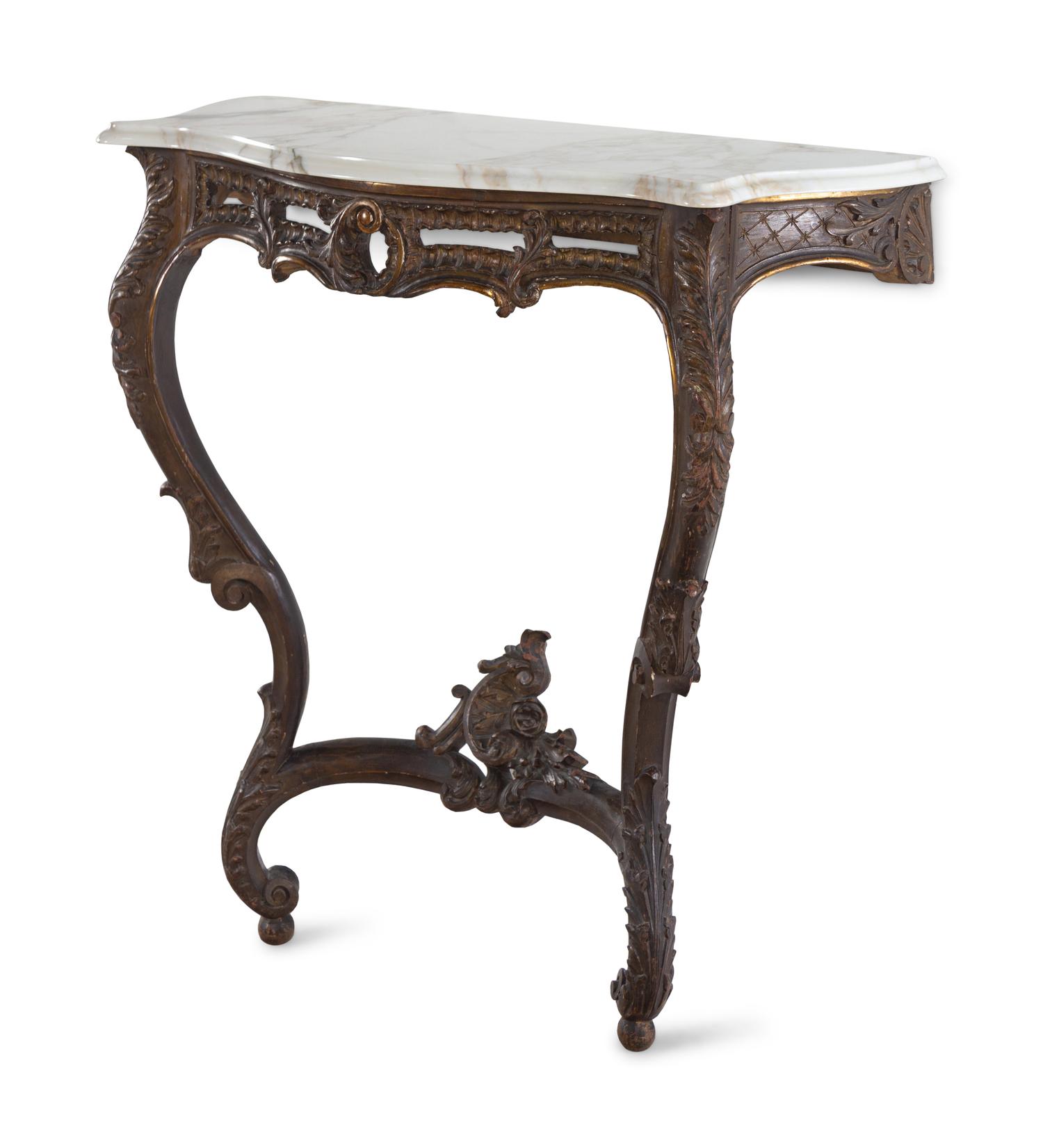 A Louis XV Style Carved Walnut Marble-Top Console Table
