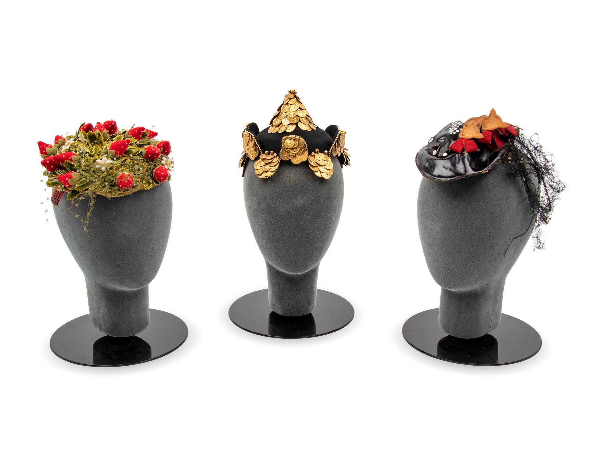 Three Bes-Ben Hats; One with Coins, One with Strawberries, One with Cats