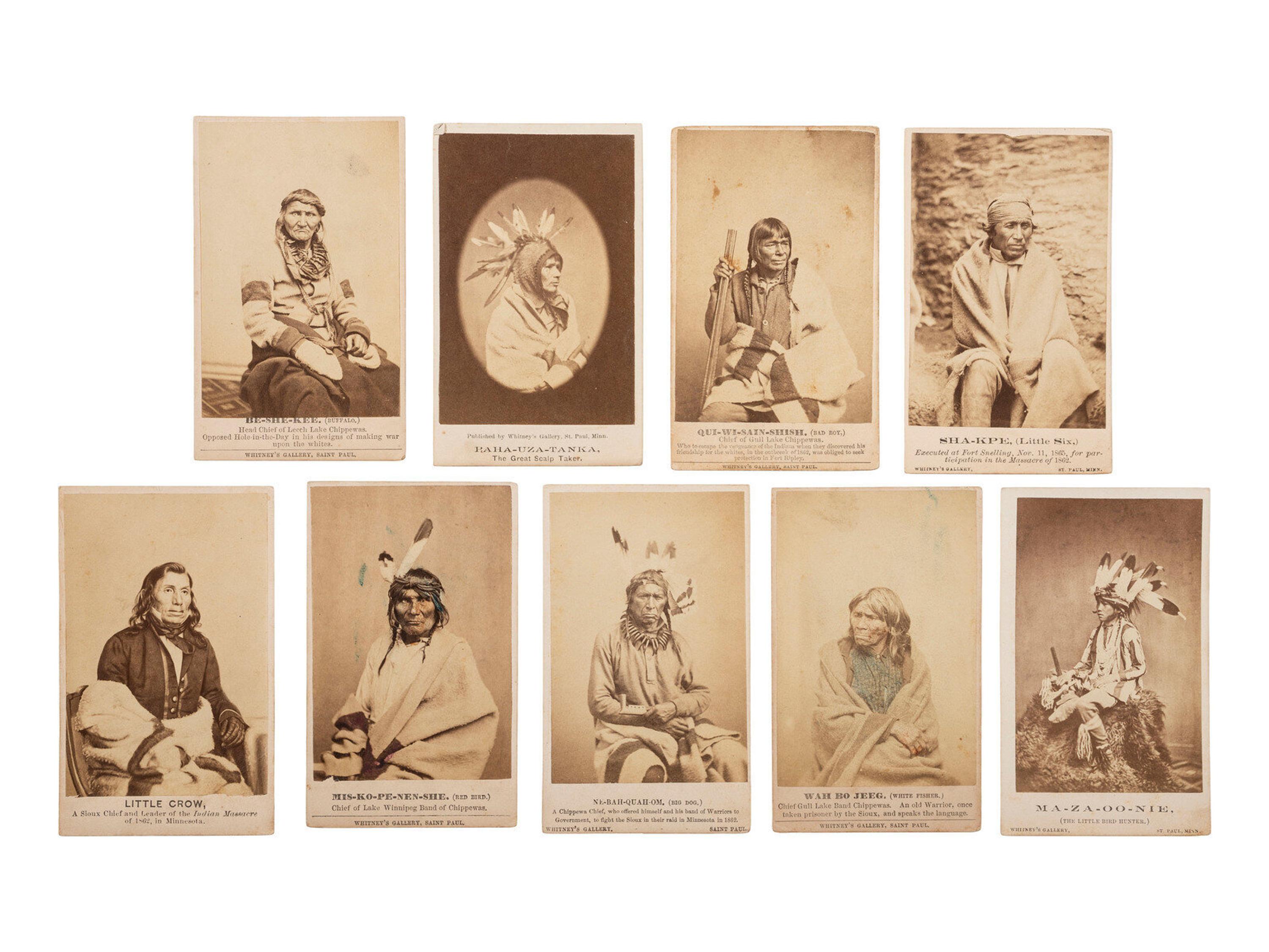 [Native Americans]. A group of 9 CDVs of Sioux involved in the 1862 Dakota Uprising in Minnesota. St. Paul, MN: Whitney's Gallery.