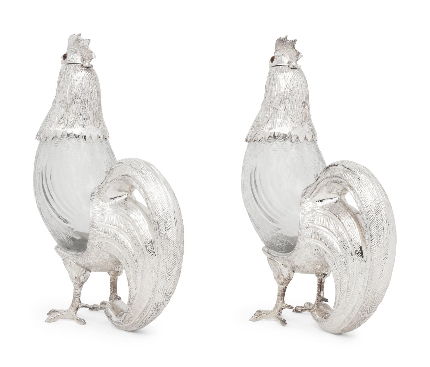 A Pair of Silver-Plate and Glass Cockerel Decanters