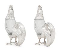 A Pair of Silver-Plate and Glass Cockerel Decanters