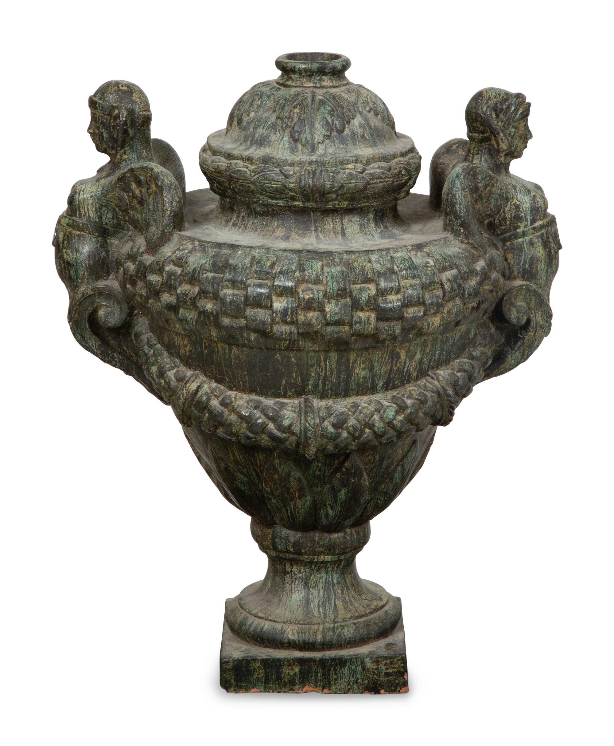 A Pair of Verdigris Patinated Terracotta Urns on Faux Marble Painted Pedestals