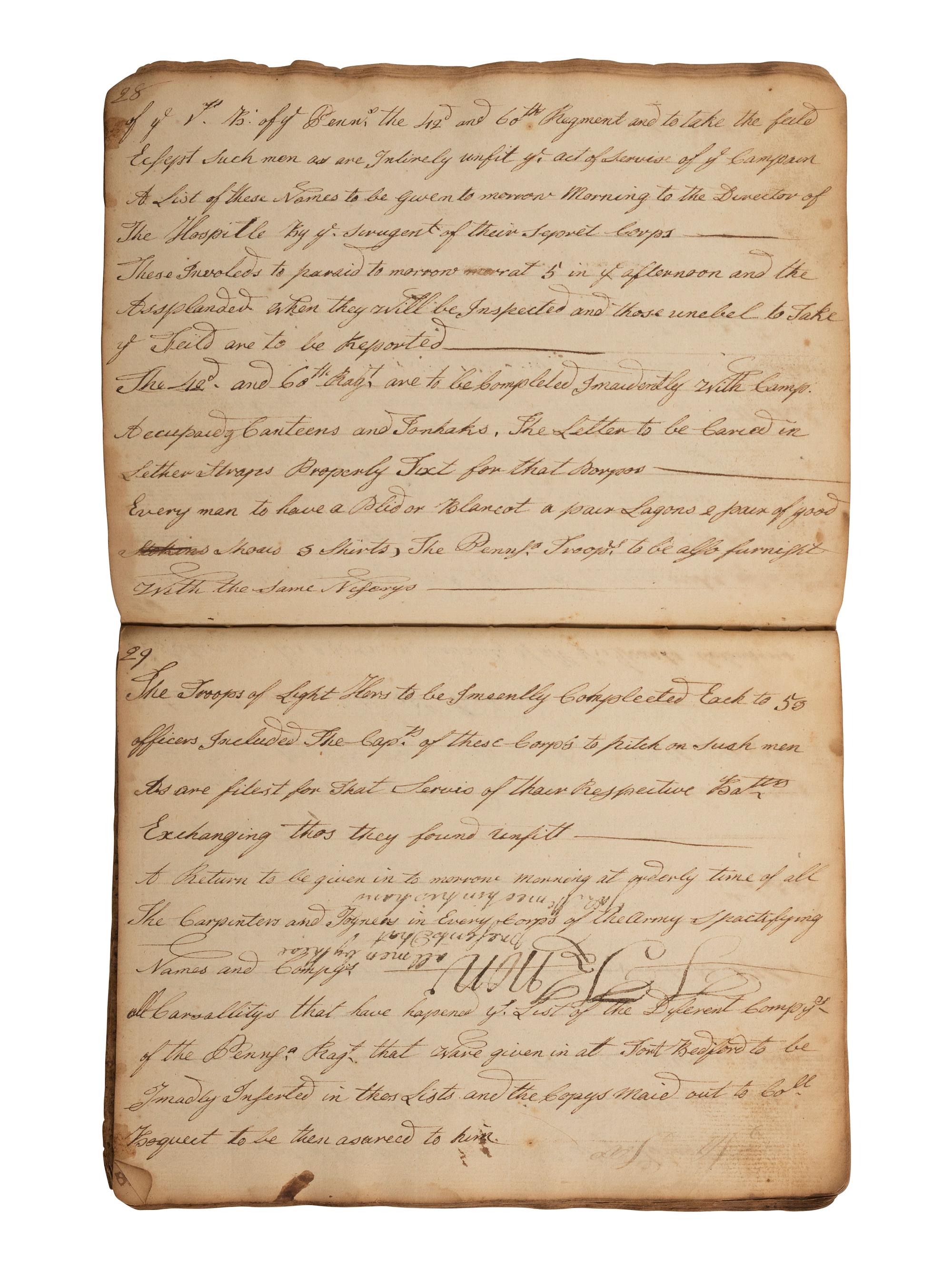 [PONTIAC'S WAR]. Manuscript orderly book chronicling the daily march of Colonel Henry Bouquet's force of British, Pennsylvania and Virginia volunteers. August-November, 1764.