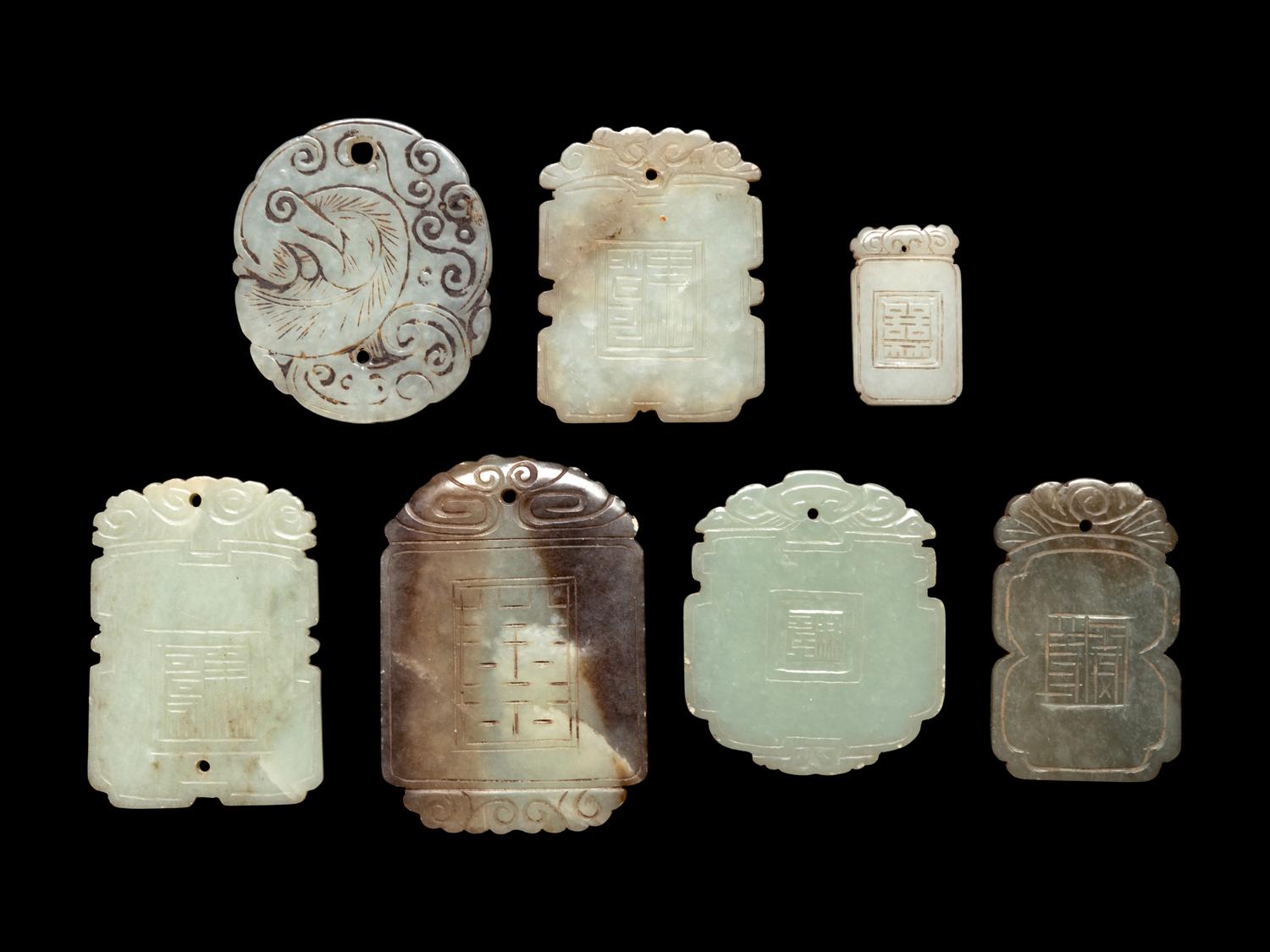 Seven Chinese Celadon Jade Carved Plaques