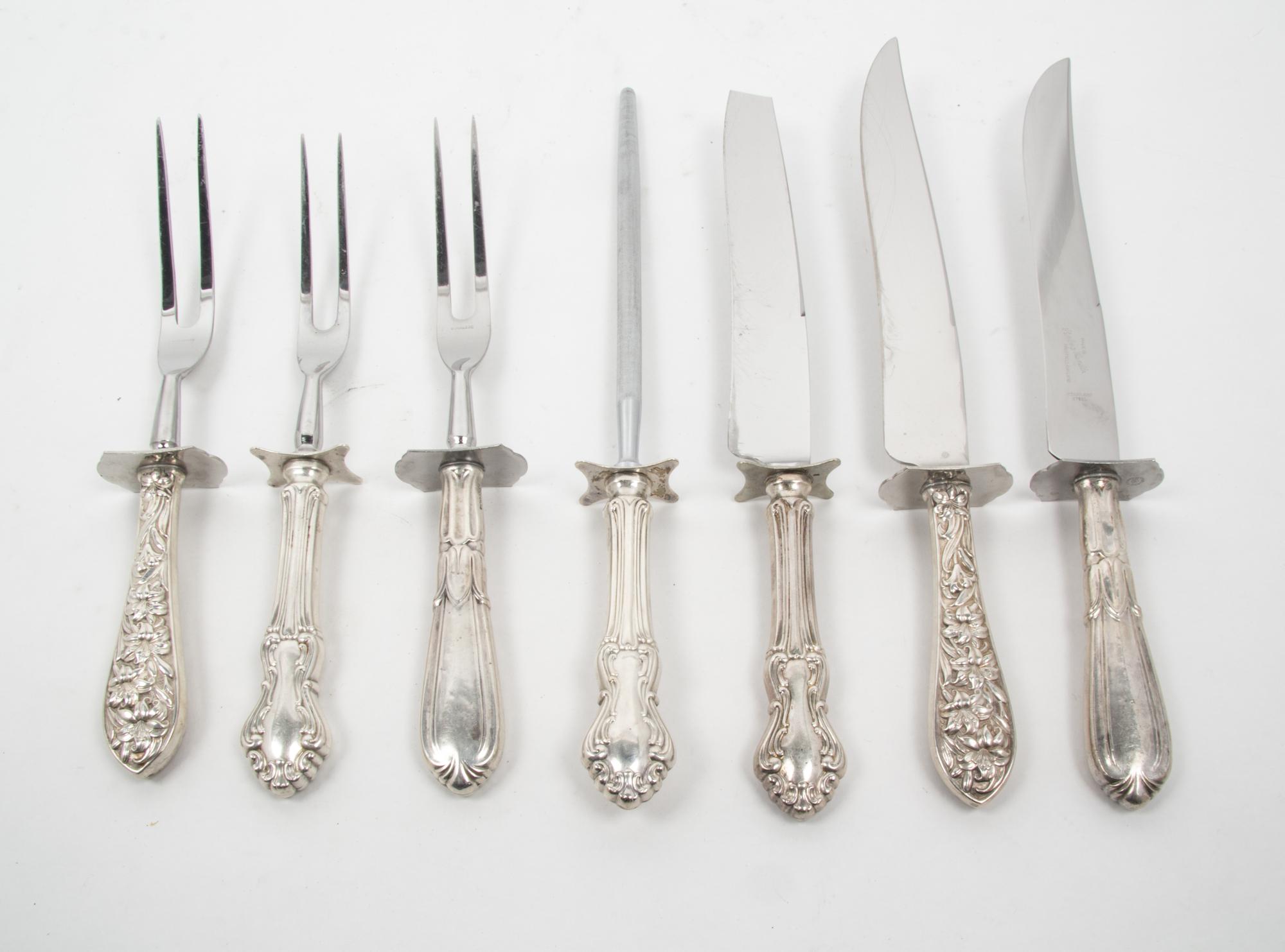 Three American Silver Carving Sets Length of Lily knife 13 1/2 inches.