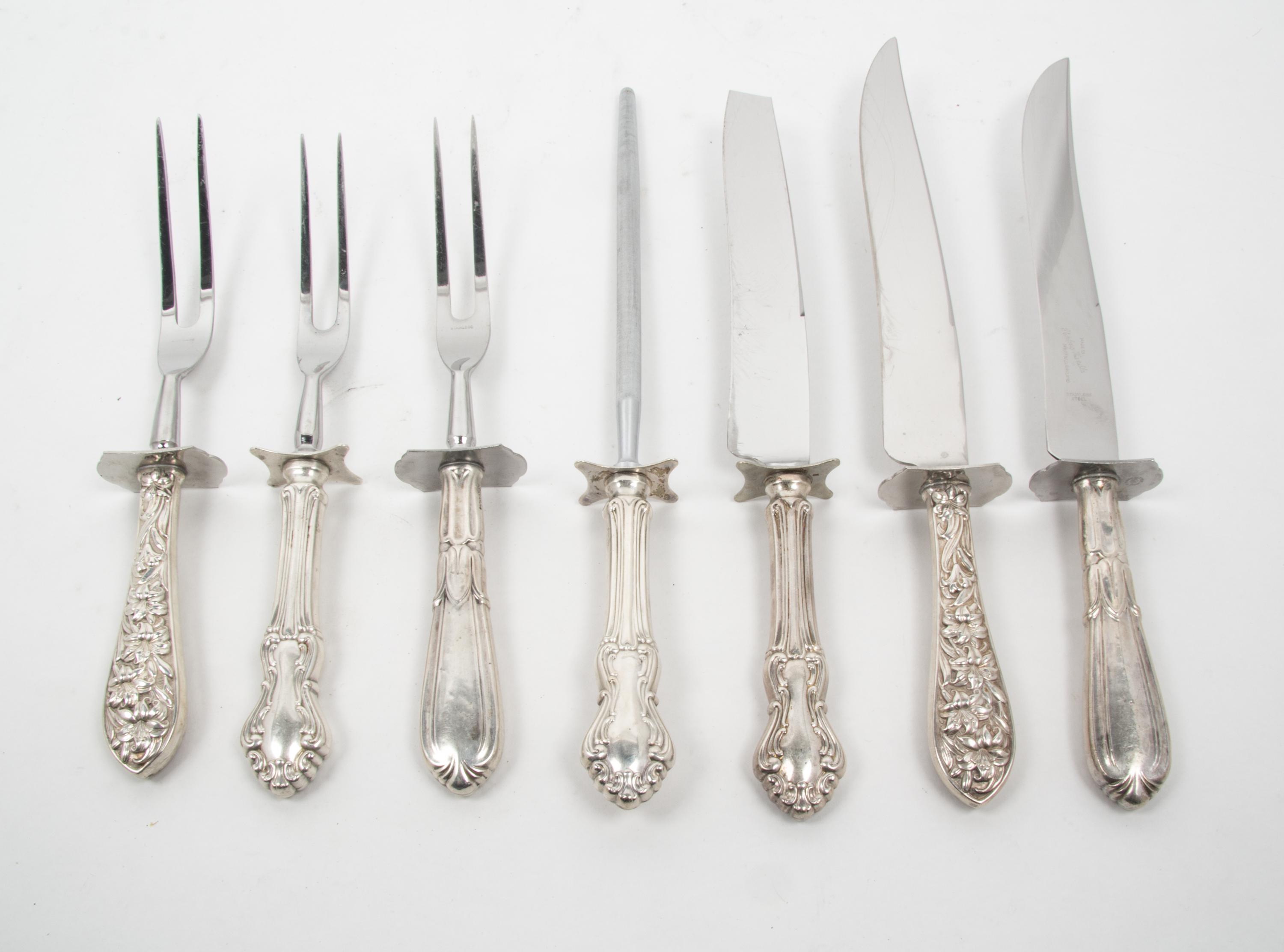 Three American Silver Carving Sets Length of Lily knife 13 1/2 inches.