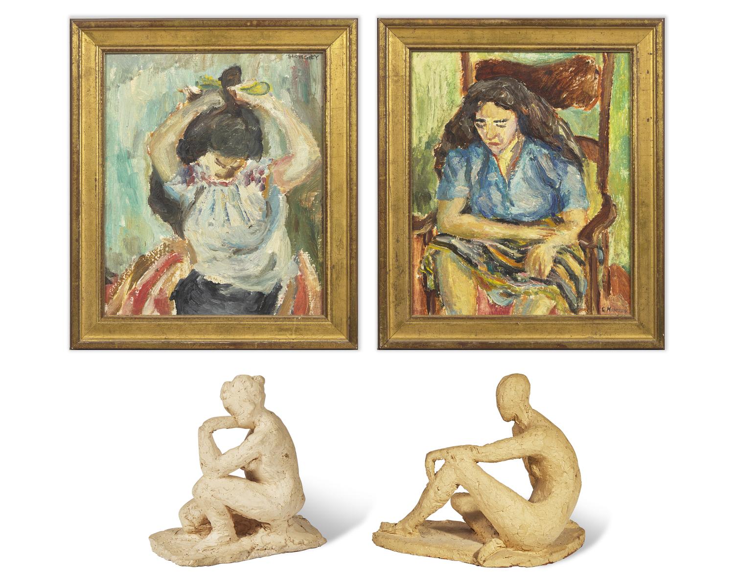 Woman Brushing Hair (1960) ; together with Lady in a Chair (1961), and Seated Nude (1970) as well as Crouching Nude (1966) by Edward Maher (American, 20th Century) (Four Works)