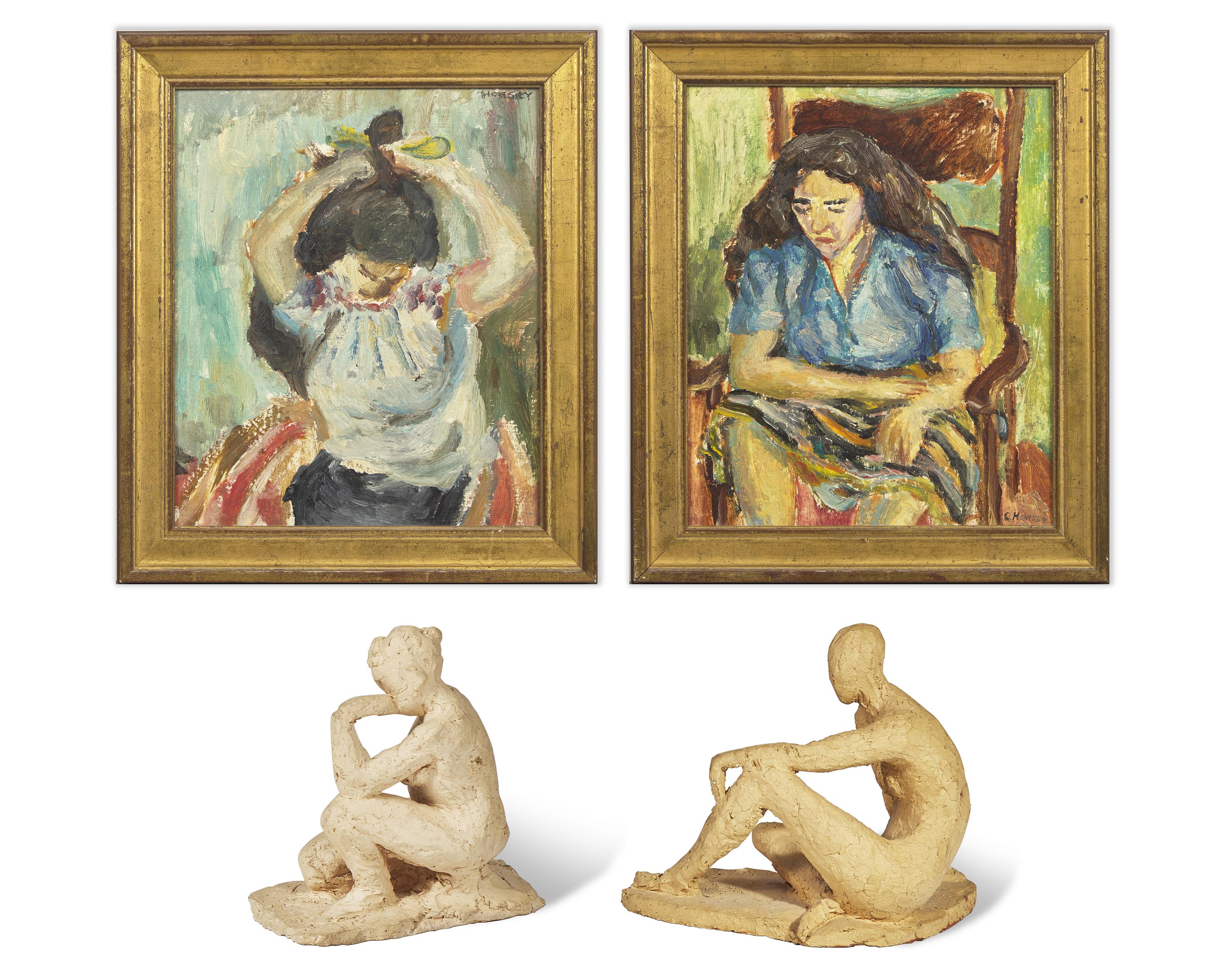 Woman Brushing Hair (1960) ; together with Lady in a Chair (1961), and Seated Nude (1970) as well as Crouching Nude (1966) by Edward Maher (American, 20th Century) (Four Works)