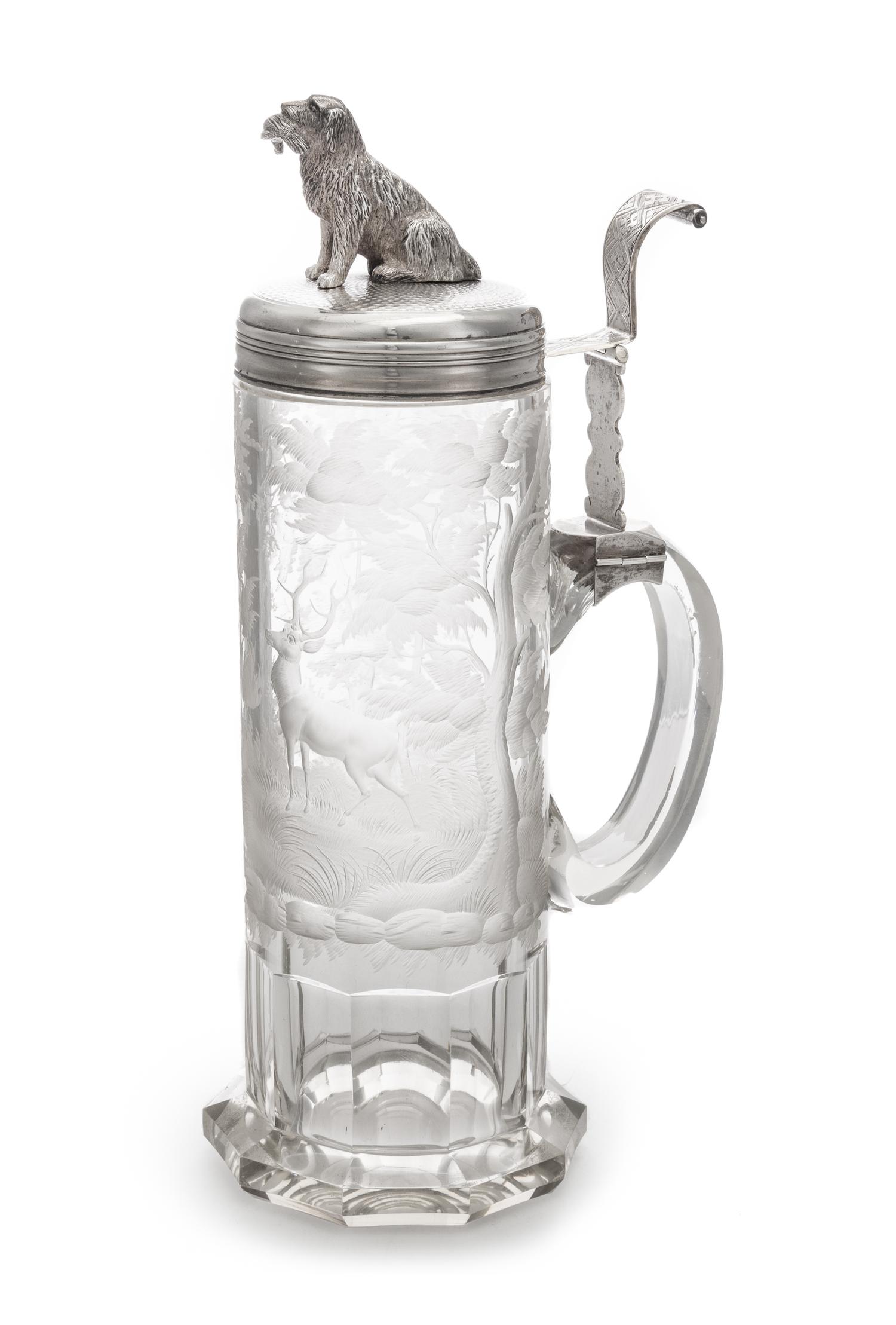 A Russian Silver Mounted Cut Glass Tankard, Maker's Mark Obscured, Late 19th/Early 20th Century, the lid having a finial in the form of