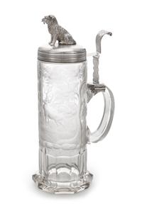 A Russian Silver Mounted Cut Glass Tankard, Maker's Mark Obscured, Late 19th/Early 20th Century, the lid having a finial in the form of