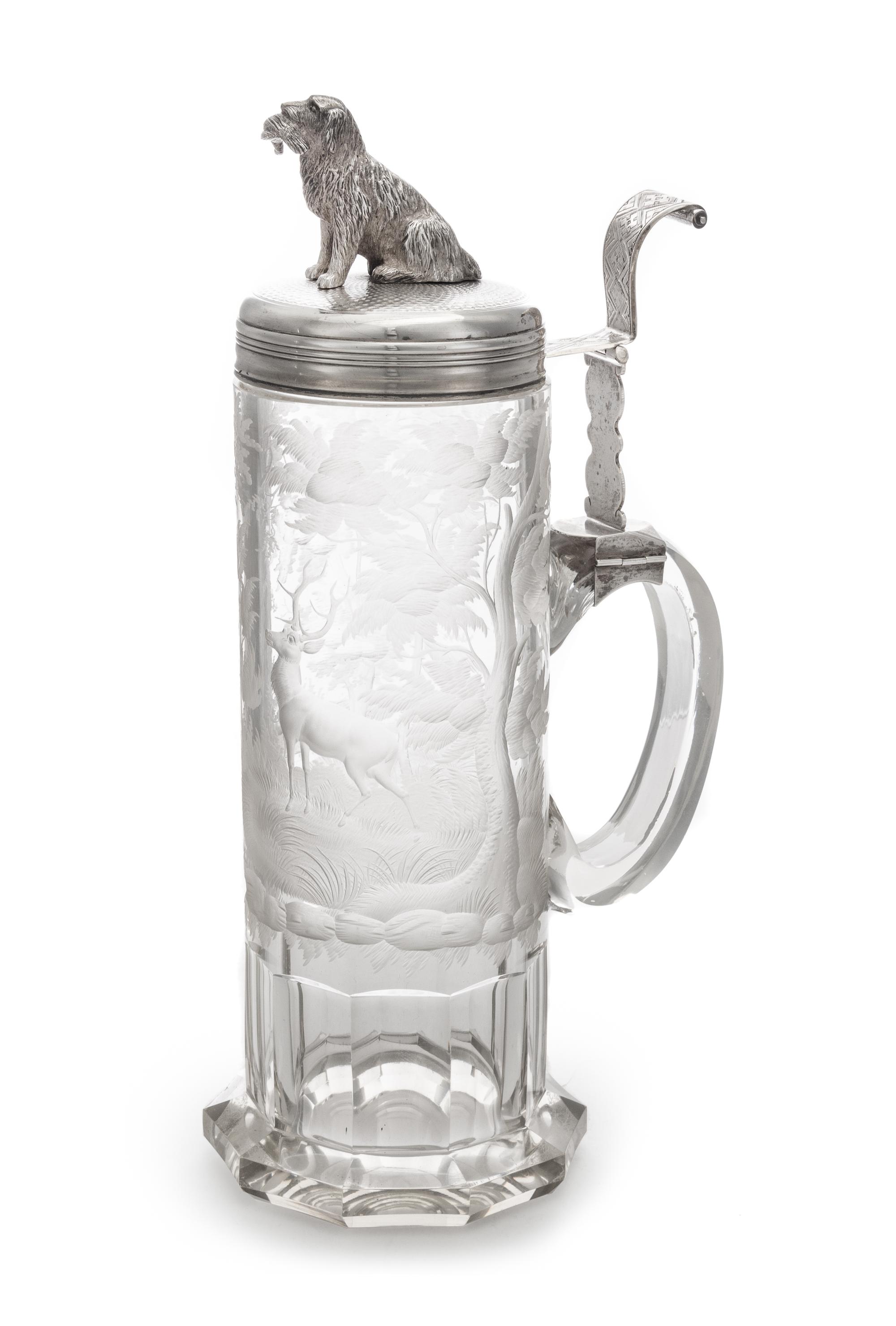 A Russian Silver Mounted Cut Glass Tankard, Maker's Mark Obscured, Late 19th/Early 20th Century, the lid having a finial in the form of
